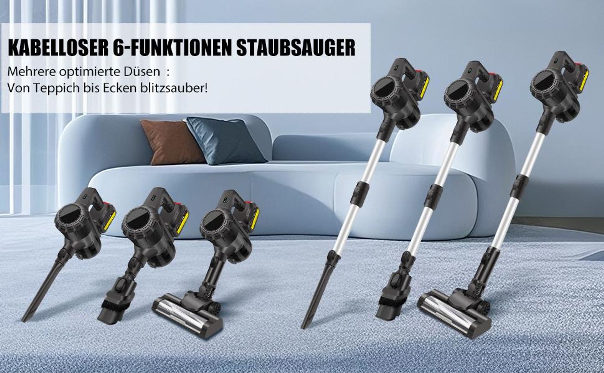Akku Staubsauger, 360W 30000Pa Staubsauger Kabellos, Stielstaubsauger, 3-in-1 Handstaubsauger, Autostaubsauger