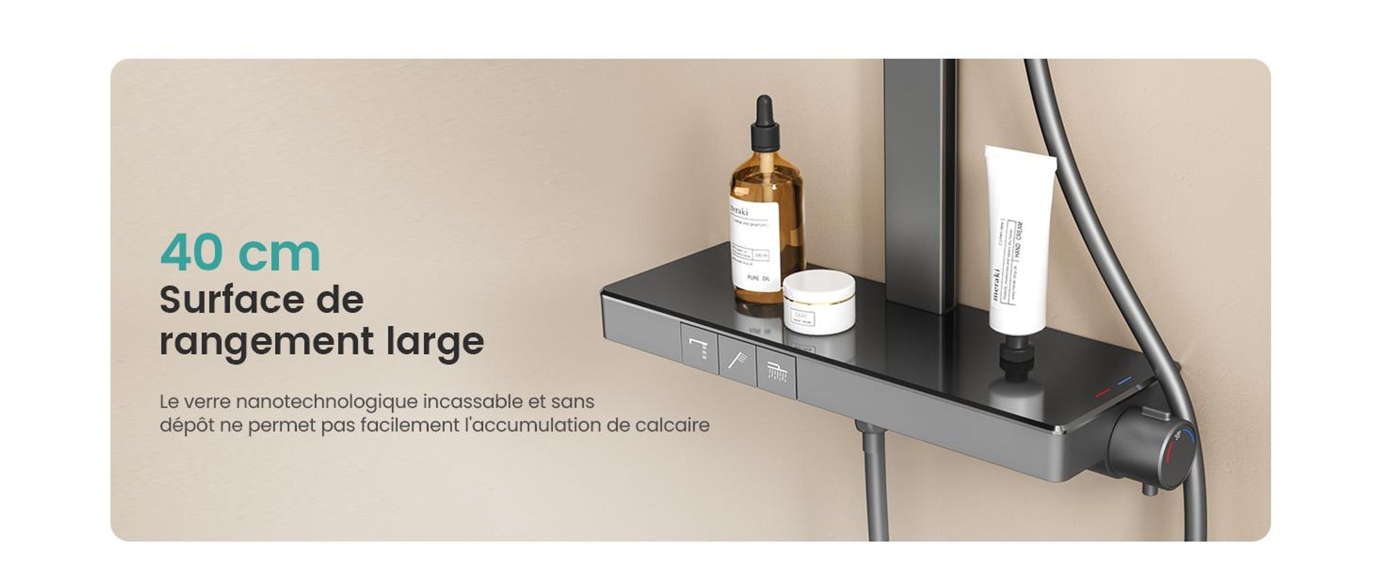 EMKE Système de douche avec thermostat, panneau de douche, douche de pluie de luxe 36x24cm, robinetterie de bain & douche 3 en 1 pour votre salle de bain moderne, KTW, anthracite mat