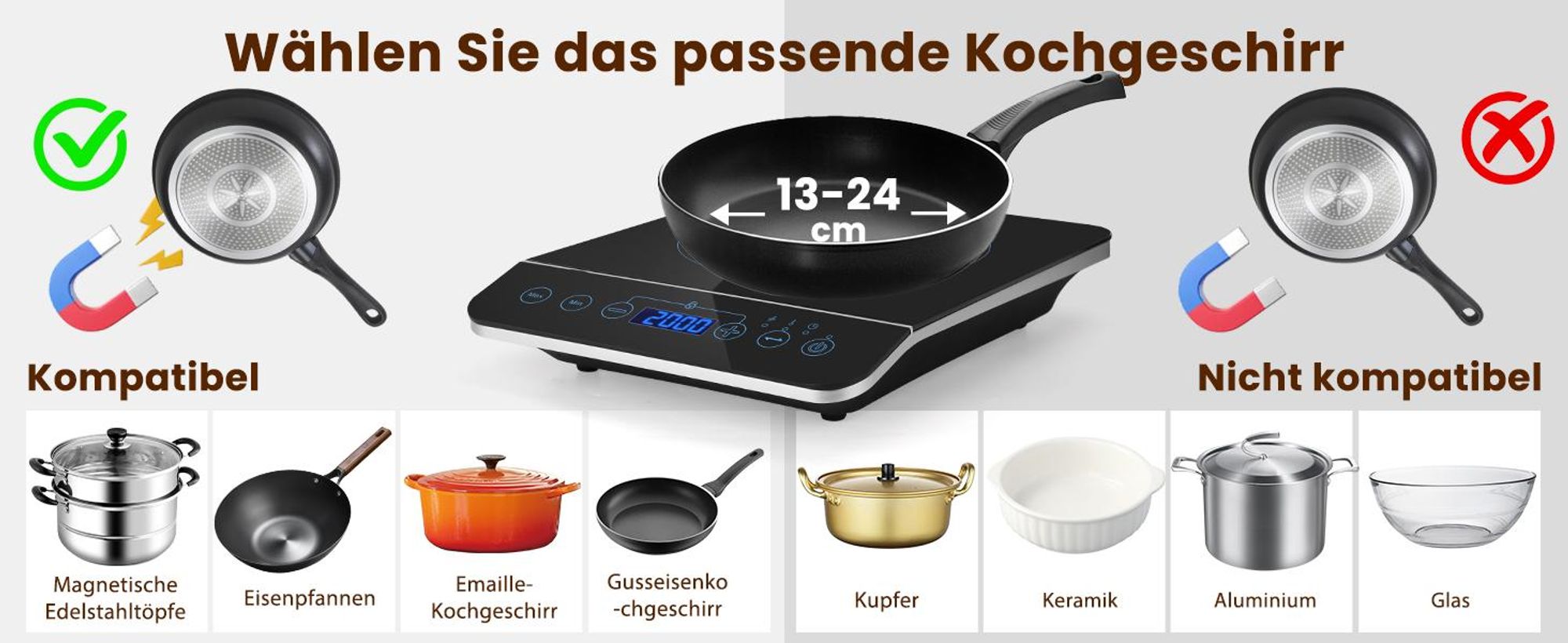 Aigostar Induktionskochfeld/10 Leistungsstufen/200W-2000Watt/Temperaturbereich 60-240℃/LED Display/Schwarz