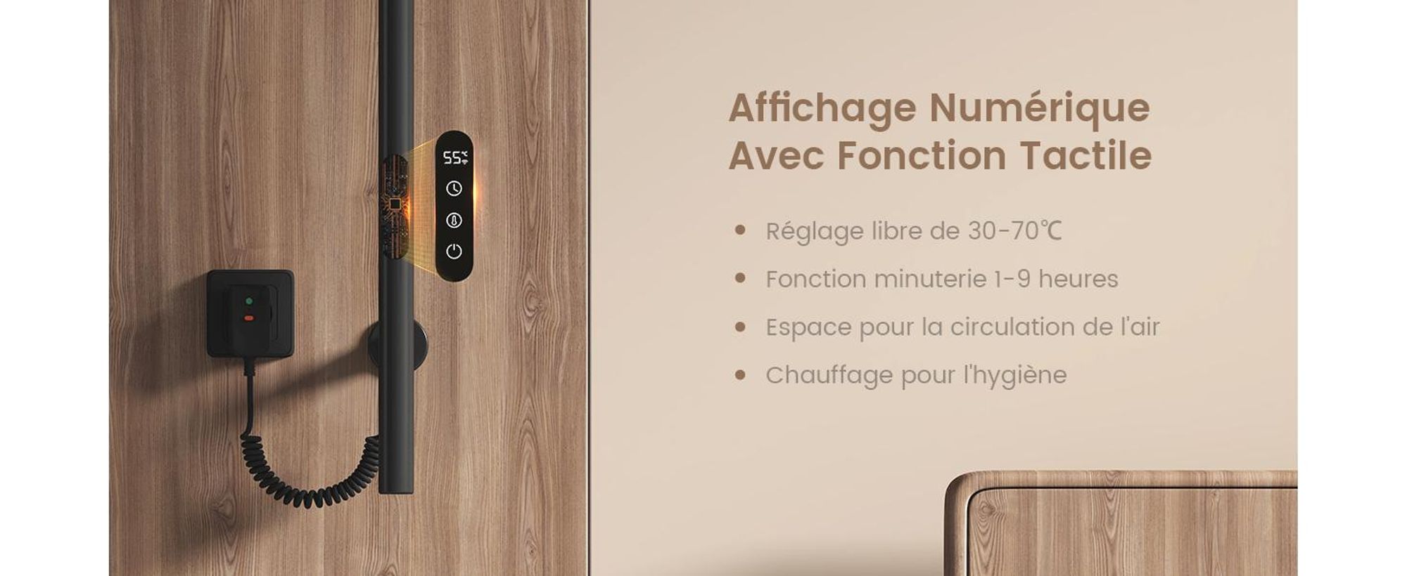EMKE Sèche-serviettes électrique 100W Noir Mat, Design Arbre avec Écran LCD, Thermostat Intelligent WiFi & App, Minuterie, Chauffe-serviettes 150 cm