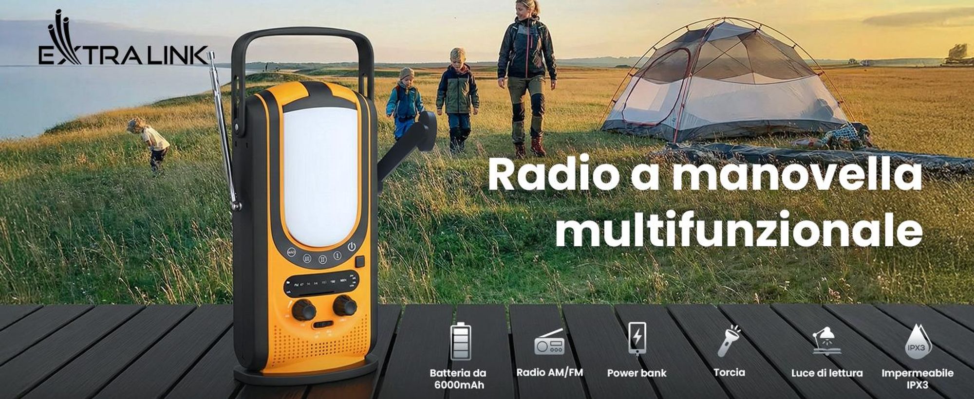 Extralink Radio d’emergenza solare 6000 mAh, Dinamo, Powerbank, Torcia SOS