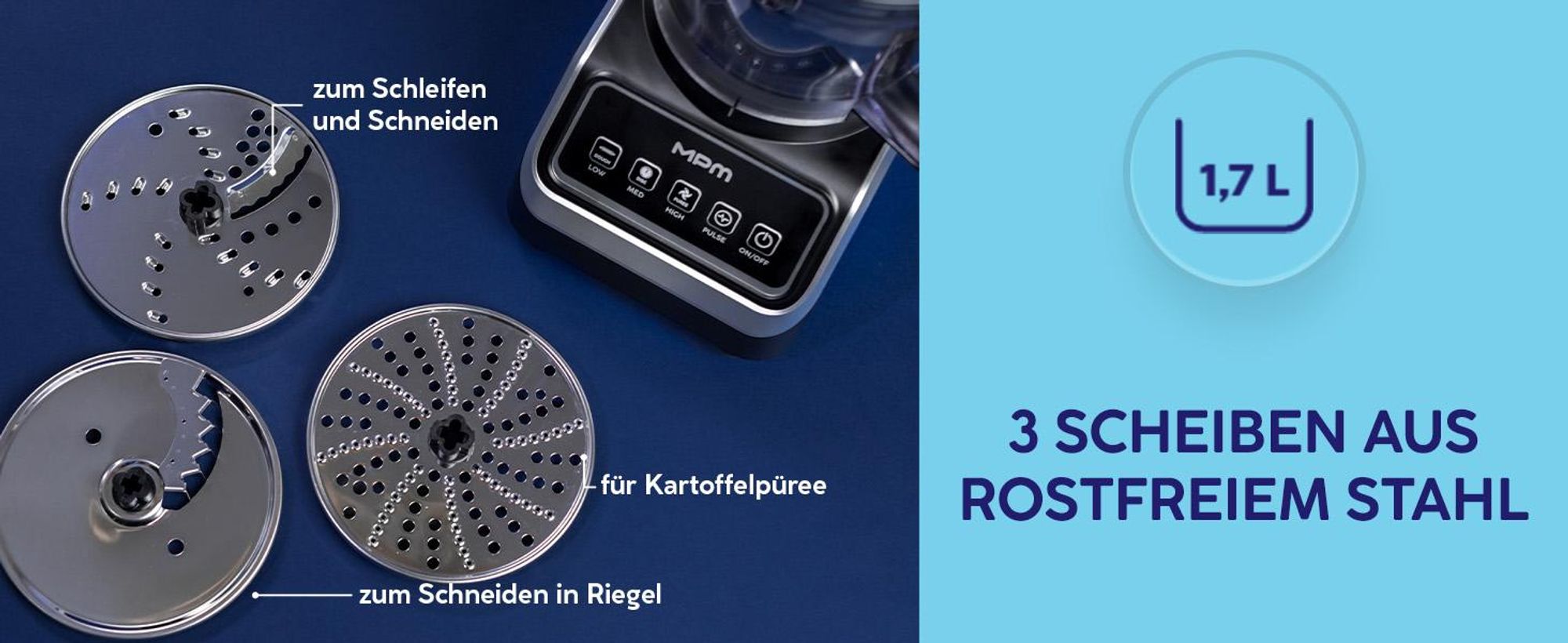 MPM Küchenmaschine 2000W Food Processor 11in1 Mixer Blender Zerkleinerer Reibe Entsafter Eiscrusher 2,6L 1,5L, Kartoffelpuffer, Edelstahl MRK-27