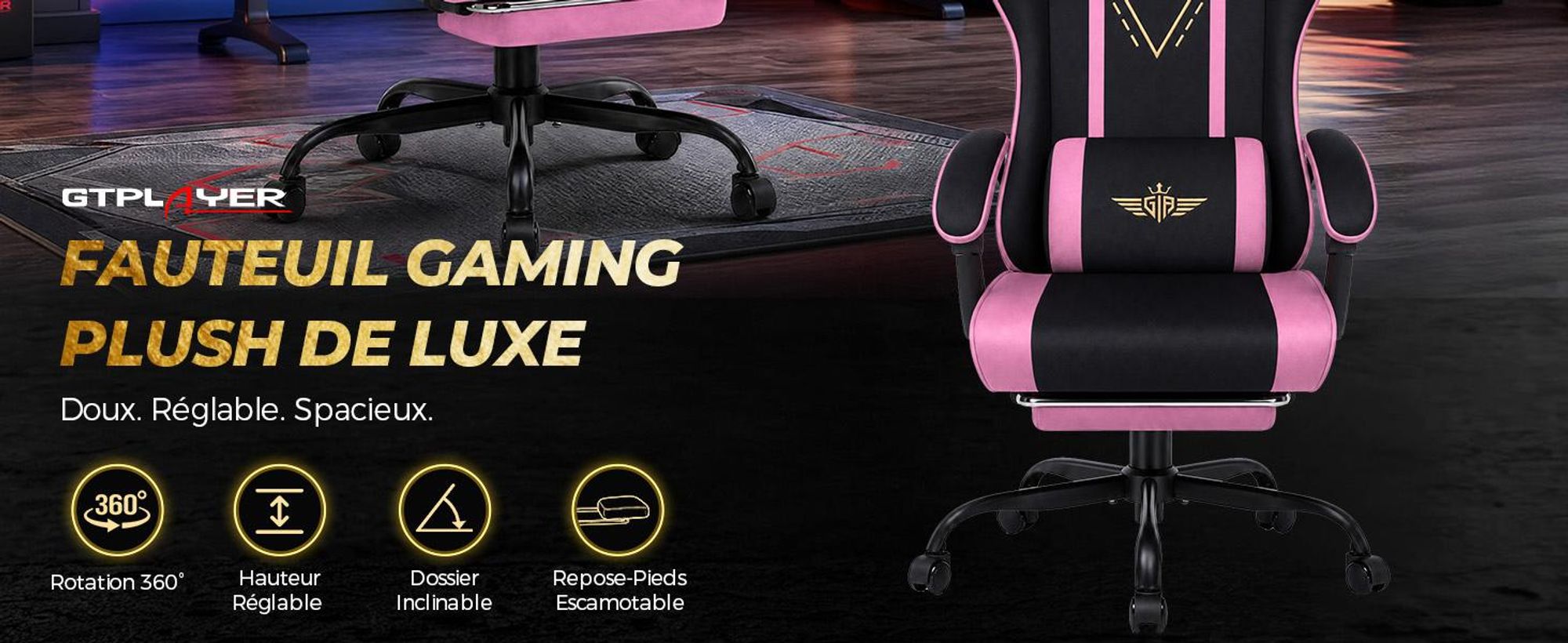 Chaise de gaming GTPLAYER, ergonomique, avec revêtement en tissu, coussin de siège à ressort, accoudoirs réglables et repose-pieds, capacité de poids de 150 kg