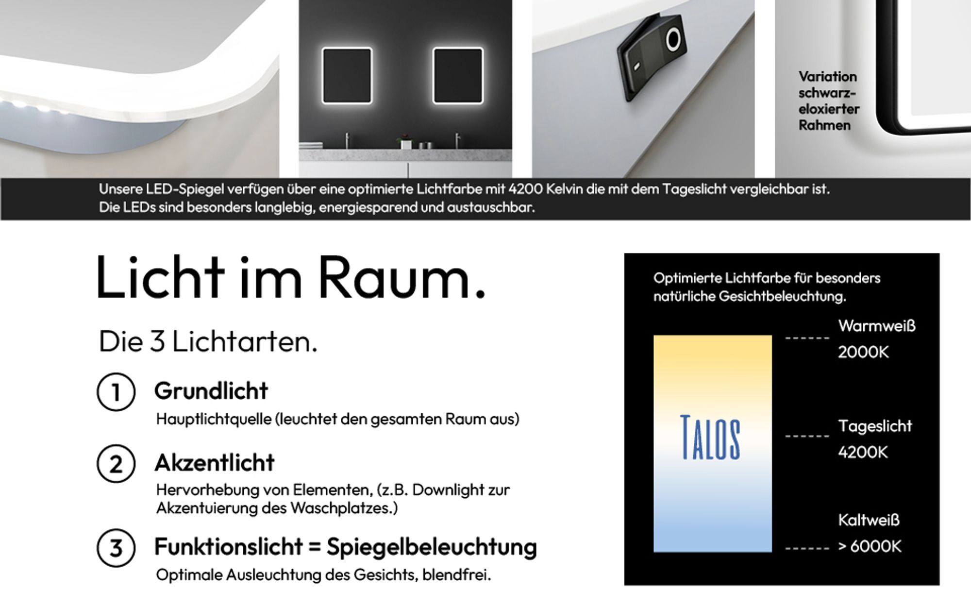 LED Badspiegel Talos Moon 120x70 cm mit umlaufender neutralweißer Beleuchtung, IP24, 4 mm Spiegelglas, Druckknopfschalter, Aluminiumrahmen