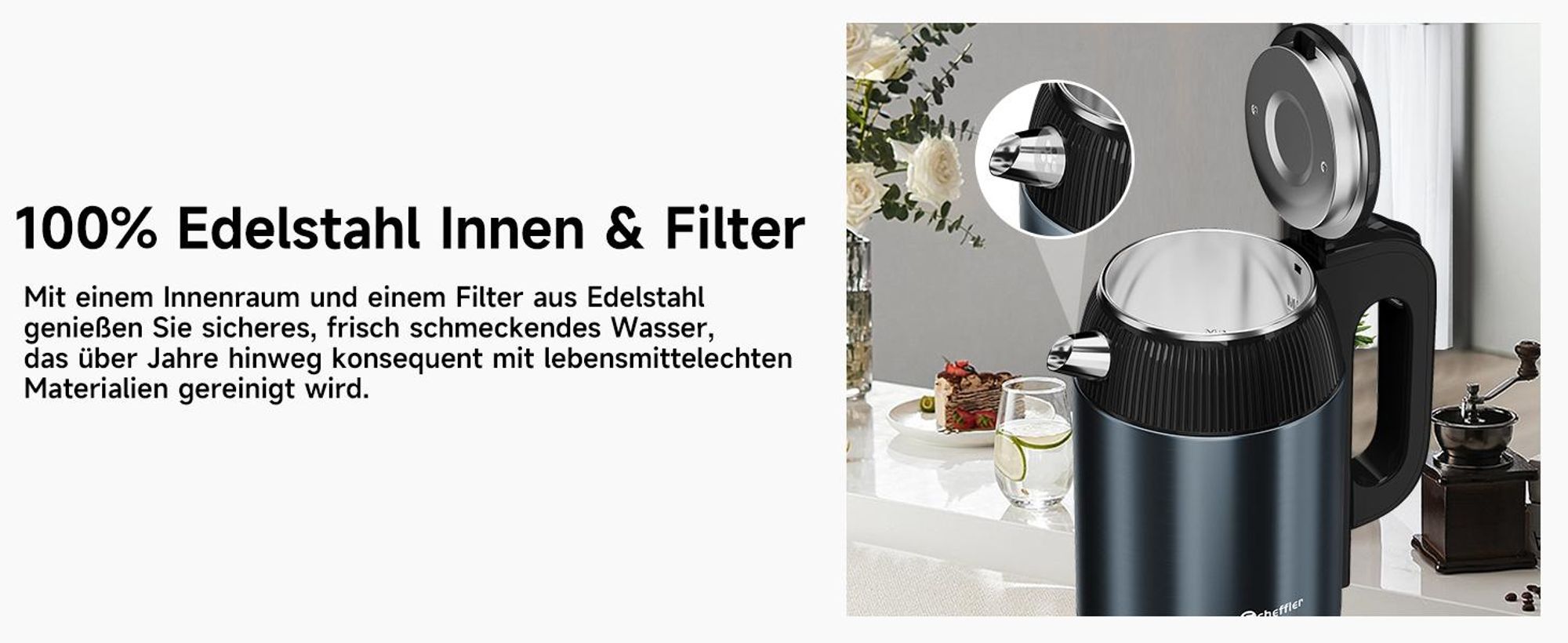 SCHEFFLER Wasserkocher Edelstahl 2,2 Liter Elektrischer Wasserkocher 1500W Teekocher, BPA Frei, Trockengehschutz Auto-Off LED-Anzeigele, Blau