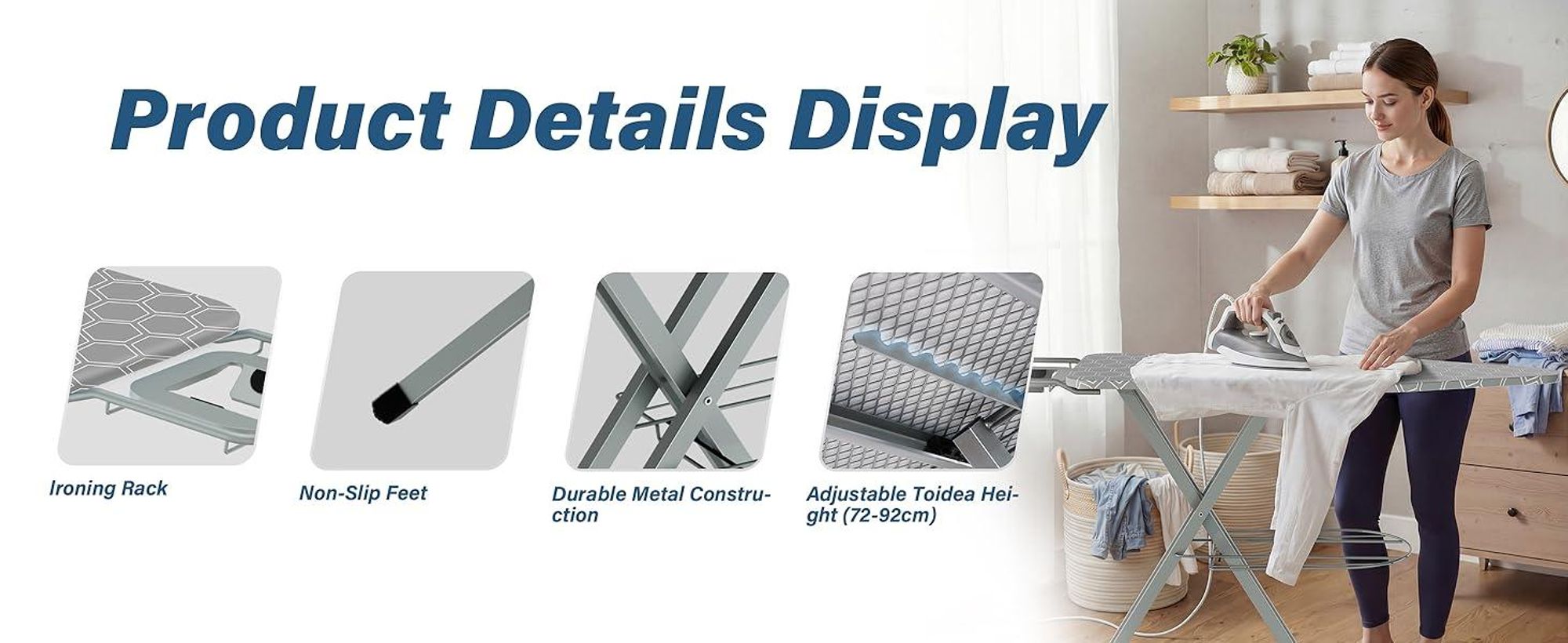 STANEW Bügelbrett 120 x 45 cm,Klappbares Bügelbretter Bügeltisch für Dampfbügeleisen,Sicherheitsschließsystem,höhenverstellbar,Wabengrau