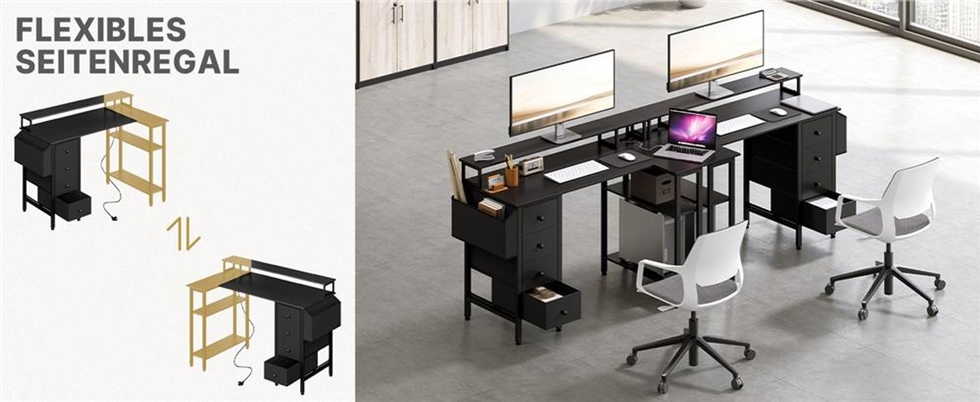 Yaheetech L-förmiger Computertisch, Schreibtisch mit Ladestation, umkehrbarer Gaming-Tisch, mit Monitorhalterung & Aufbewahrungstasche, Schwarz