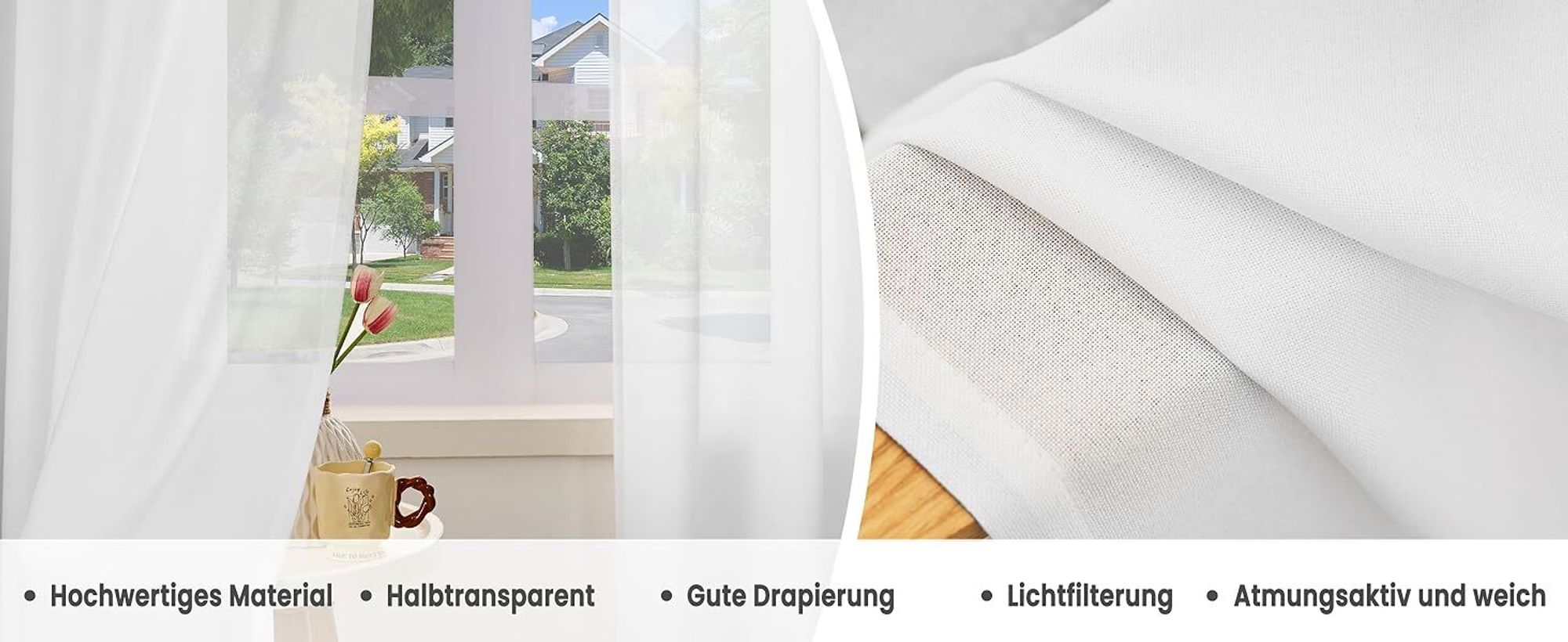 WOLTU Gardinen mit Ösen Leinenoptik Halbtransparent Voile Modern, 135x245cm Weiß