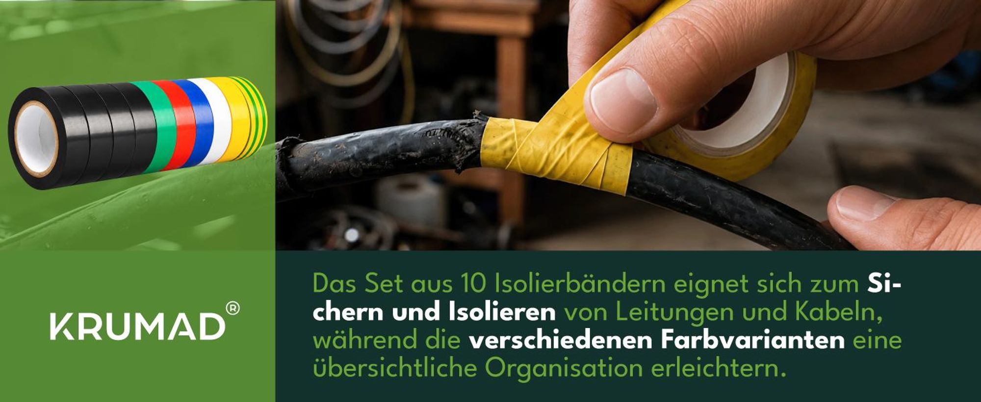 KRUMAD Isolierband Set 10 Rollen, Klebeband PVC, Isolier Tape, Reparaturband, für Haushalt, Werkstatt und geeignete Elektroarbeiten
