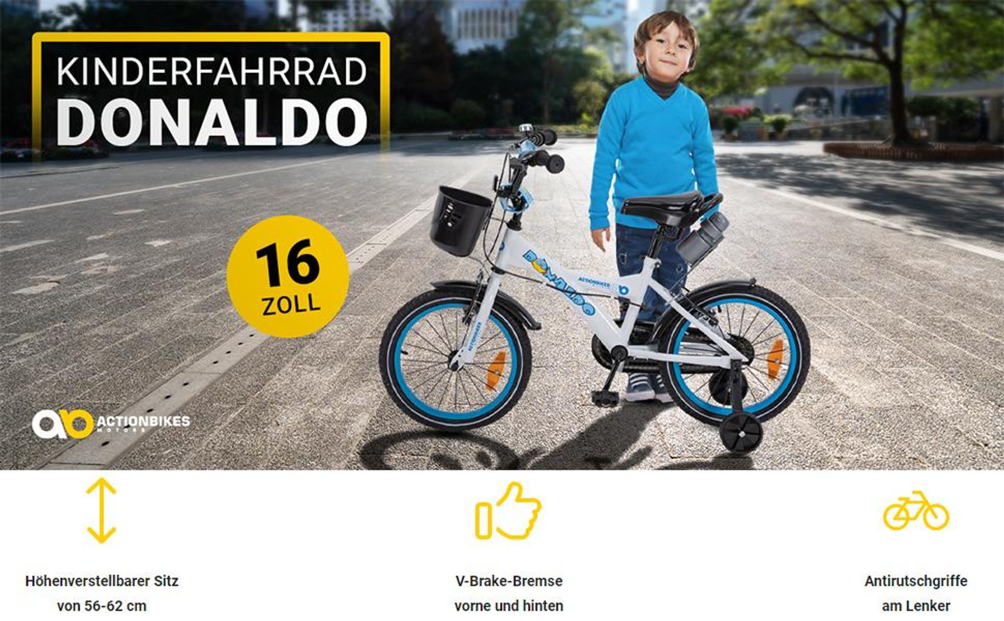 Actionbikes Kinderfahrrad Donaldo 16 Zoll | Kinder Fahrrad - V-Brake Bremsen - Kettenschutz - Fahrradständer - Fahrradkorb - 4-7 Jahre (Blau/Weiß)