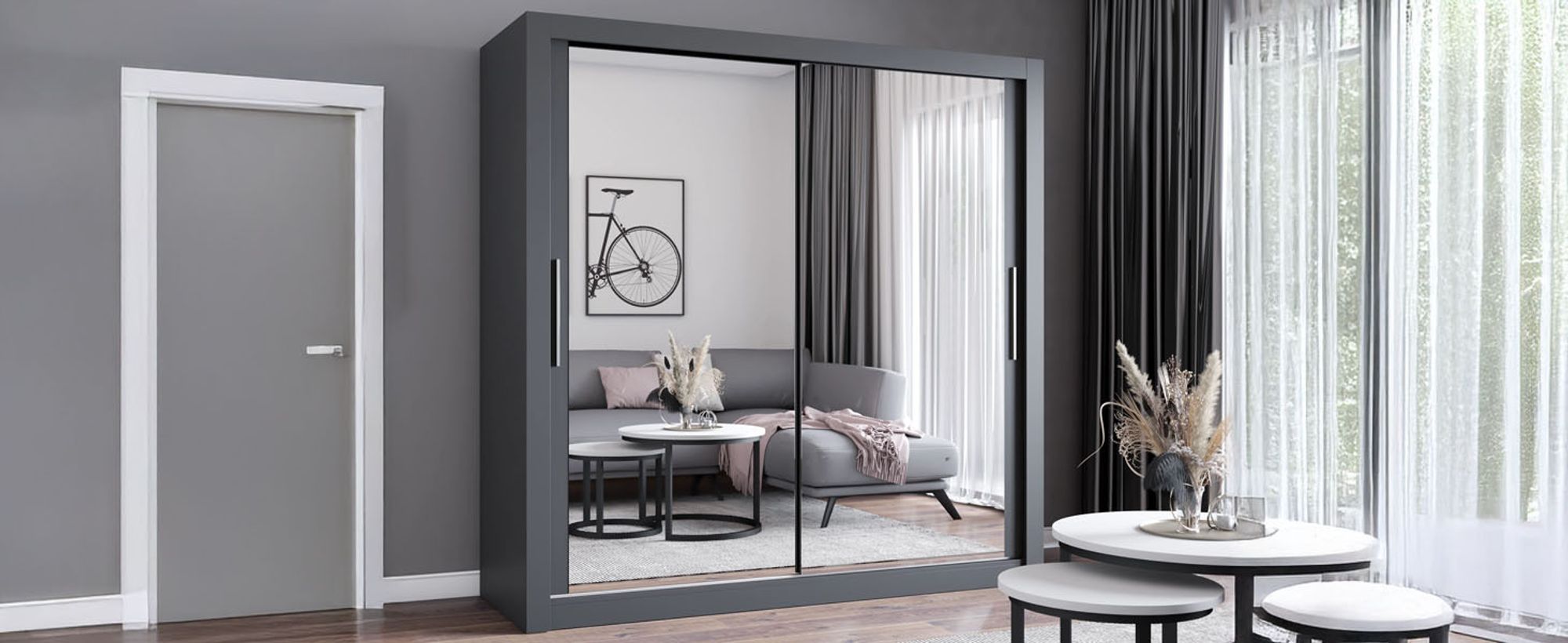 Schwebetürenschrank Kleiderschrank Schrank 203cm Grau/Grau mit zwei Spiegeln MILAN