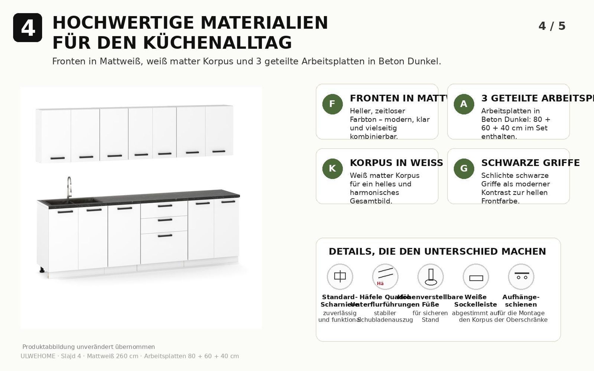 Moderne Küchenmöbel in Mattweiß mit schwarzem Griff, weißem Korpus und Beton-Nachbildung.