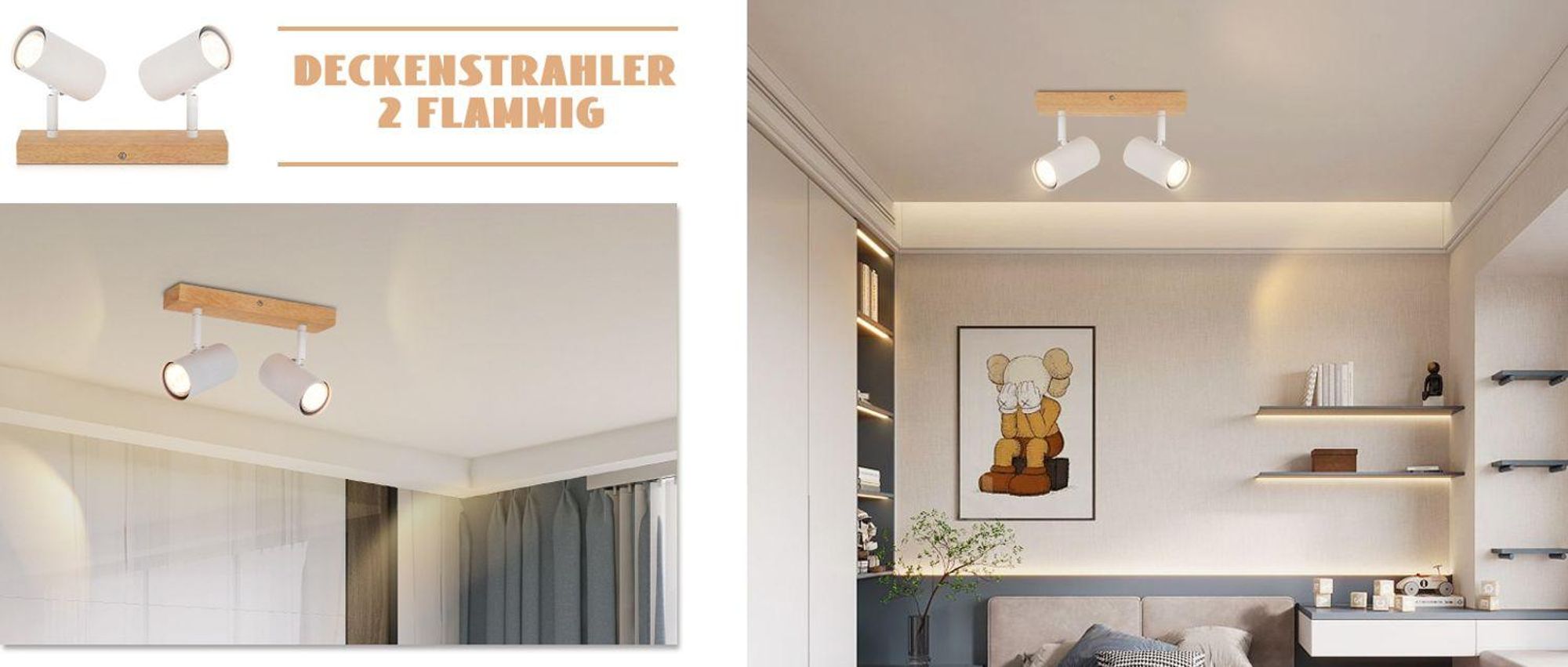 ZMH plafoniera bianca faretto da soffitto 2 fiamme legno plafoniera GU10 faretto da soffitto orientabile 350° faretto per soggiorno camera da letto cucina corridoio sala da pranzo