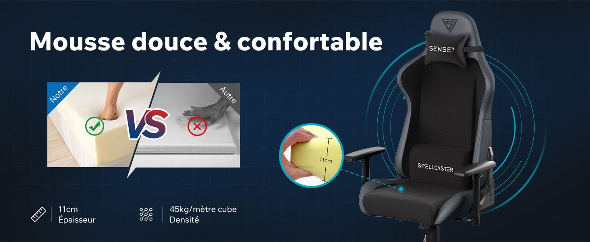Sense7 Spellcaster FUKU Chaise de jeu, Fauteuil de jeu, Chaise de bureau, Chaise de bureau ergonomique, Chaise pivotante 120 kg Noir