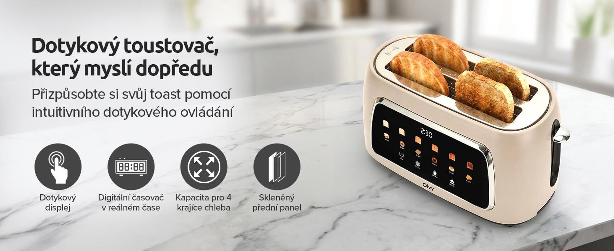 Toustovač Olvy na 4 krajíce, dlouhé otvory, digitální displej s časovačem, 6 stupňů opékání, široké otvory, funkce rozmrazování a ohřívání, 1500 W, černý