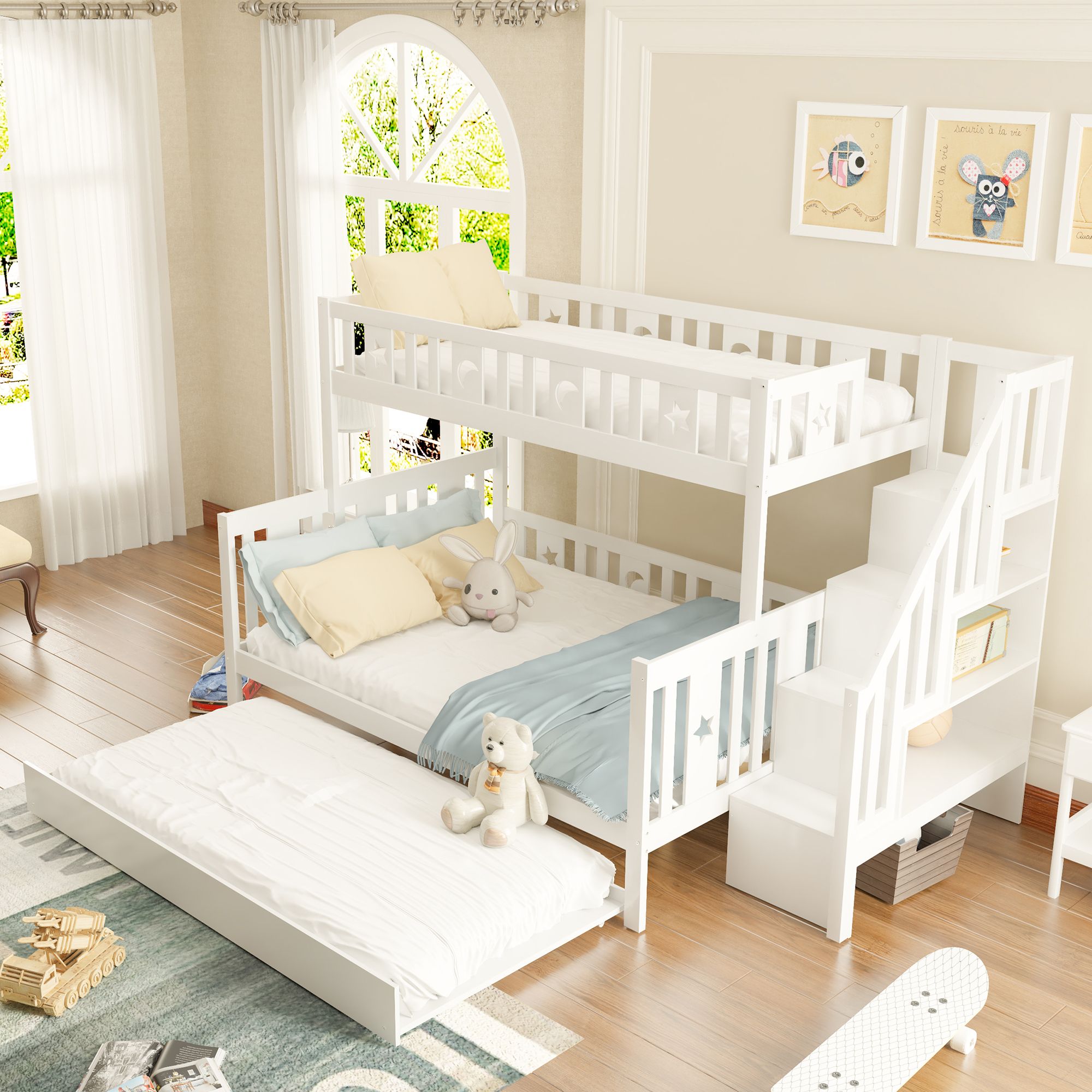Merax Etagenbett 90x200/140x200cm mit Ausziehbett und Lagerregal, Kinderbett mit Treppe und Rausfallschutz, Kieferholzbett Stockbett Hausbett Jugendbe