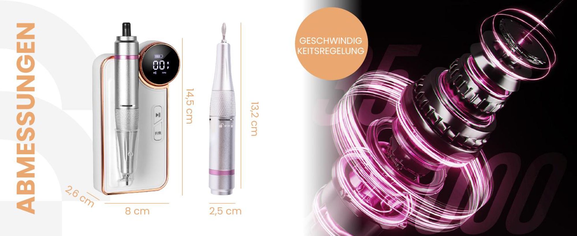 Nagelfräser Maniküre Pediküre mit Station 50W Maltec 350g Batterie 3600 mAh Set Bit Fräser 35000u/min Twist Lock