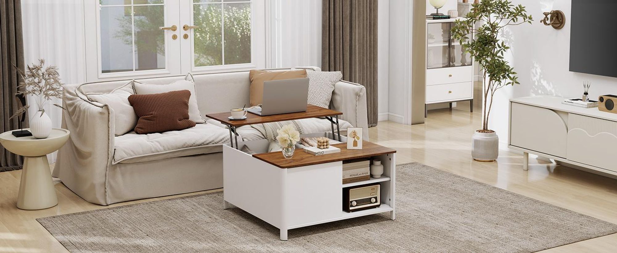 Puluomis Couchtisch mit Lift-Mechanismus, Multifunktionaler Esstisch Arbeitstisch mit Verstecktem Stauraum, Magnetischen Türen 80cm
