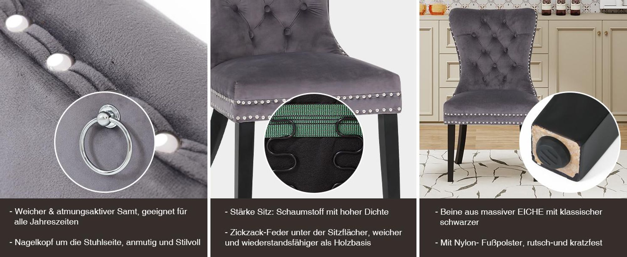 Puluomis Esszimmerstühle 2er set Samt Stuhl Küchenstuhl Polsterstuhl Esszimmer Sessel mit Massive Holzbeine und Nagelkopf, Elegant und Edel, Grau