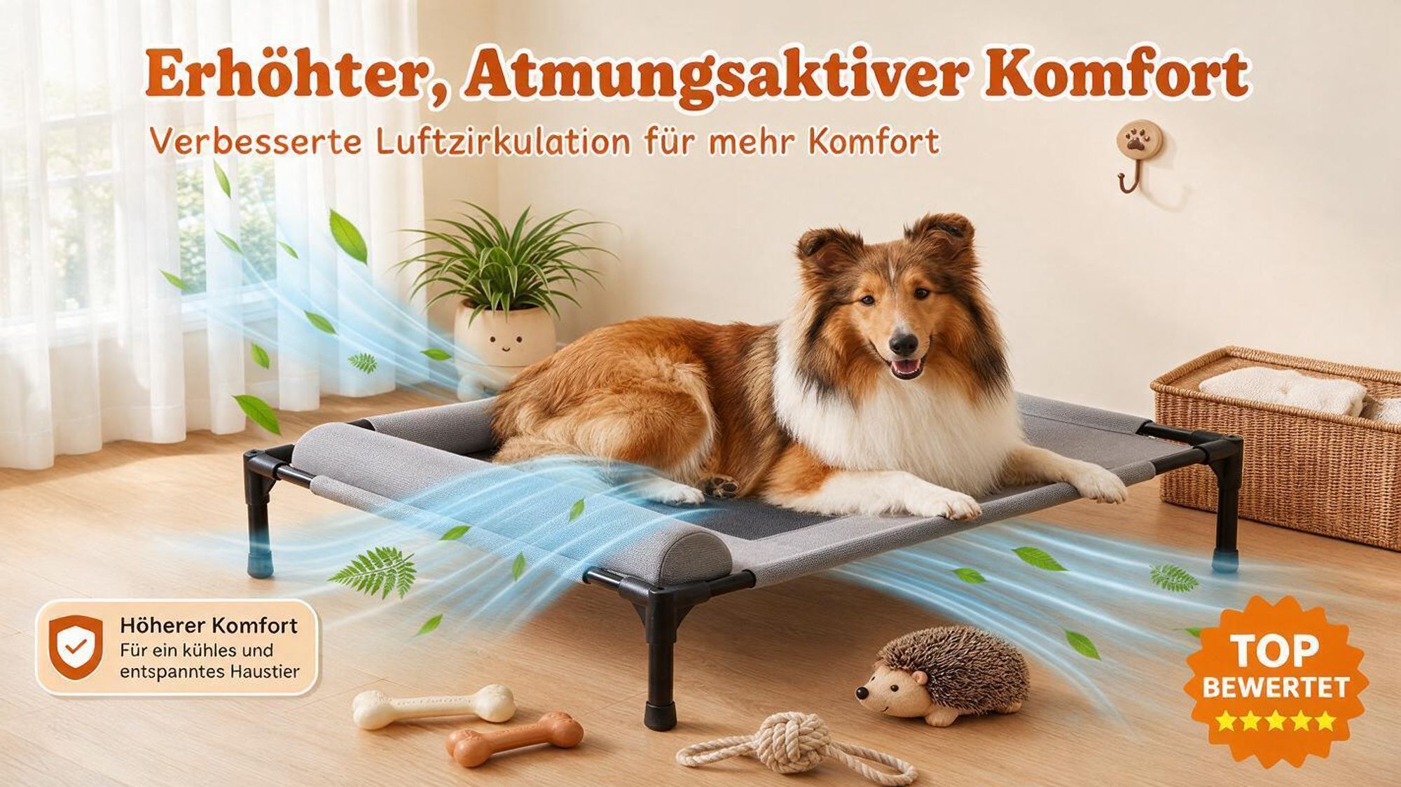 Ganzjahres Hundeliege, Erhöhtes Hundebett mit L-förmigem Nackenkissen 66×45×17 cm – Hunde Outdoor Bett, Hundesofas, Waschbar & Atmungsaktiv, Grau, XL