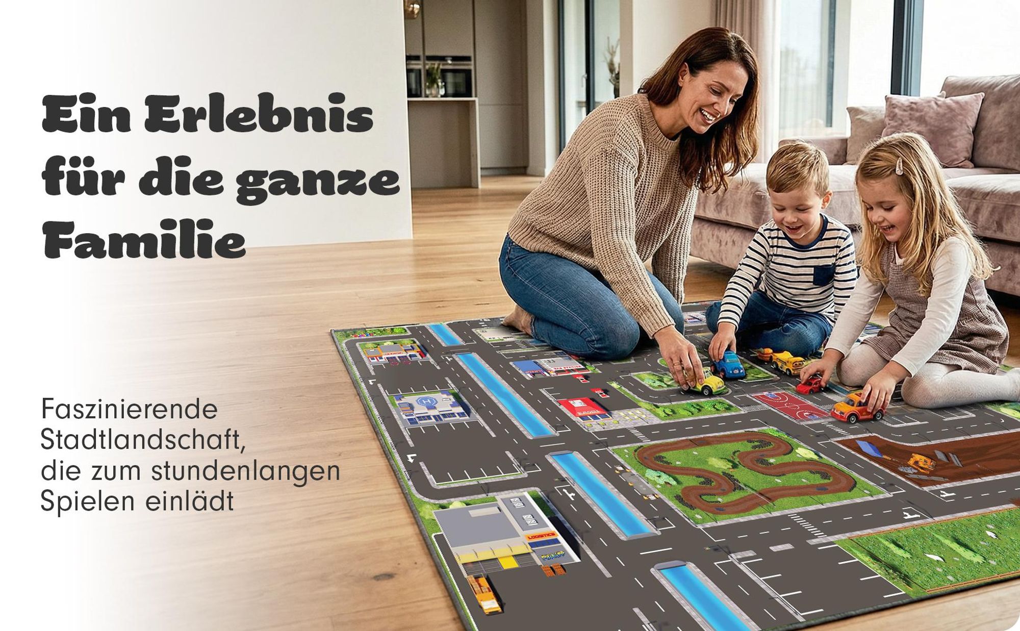 SkippiDoo Kinder Spielteppich Straßenteppich (200x140 cm) - rutschfest & -zertifziert - Teppich Jungen & Mädchen Kinderzimmer, Kinderteppich