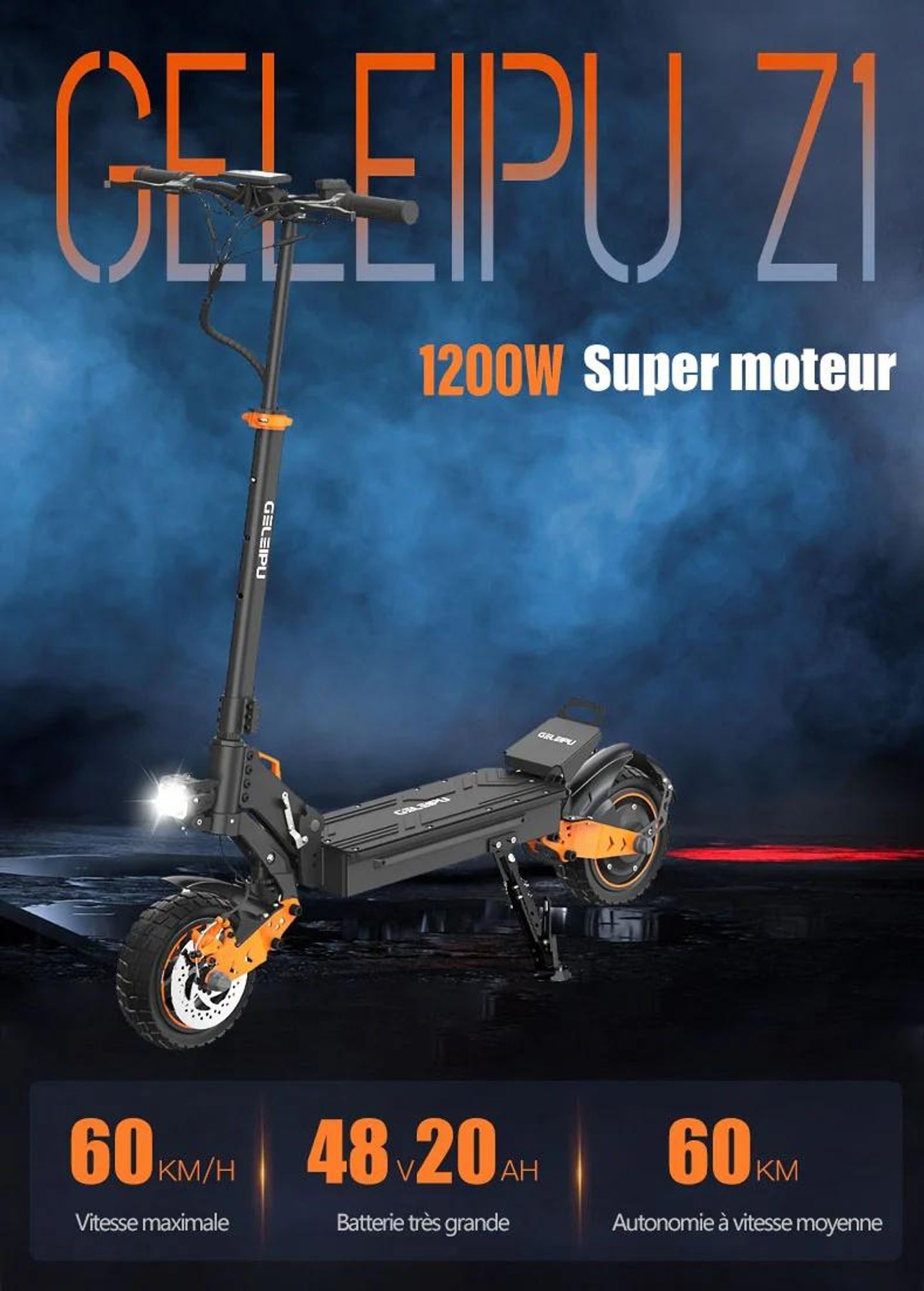 Trottinette Électrique GELEIPU Z1 - Batterie 48V20AH 10" Pouces Roue Freins à Disque - Noir