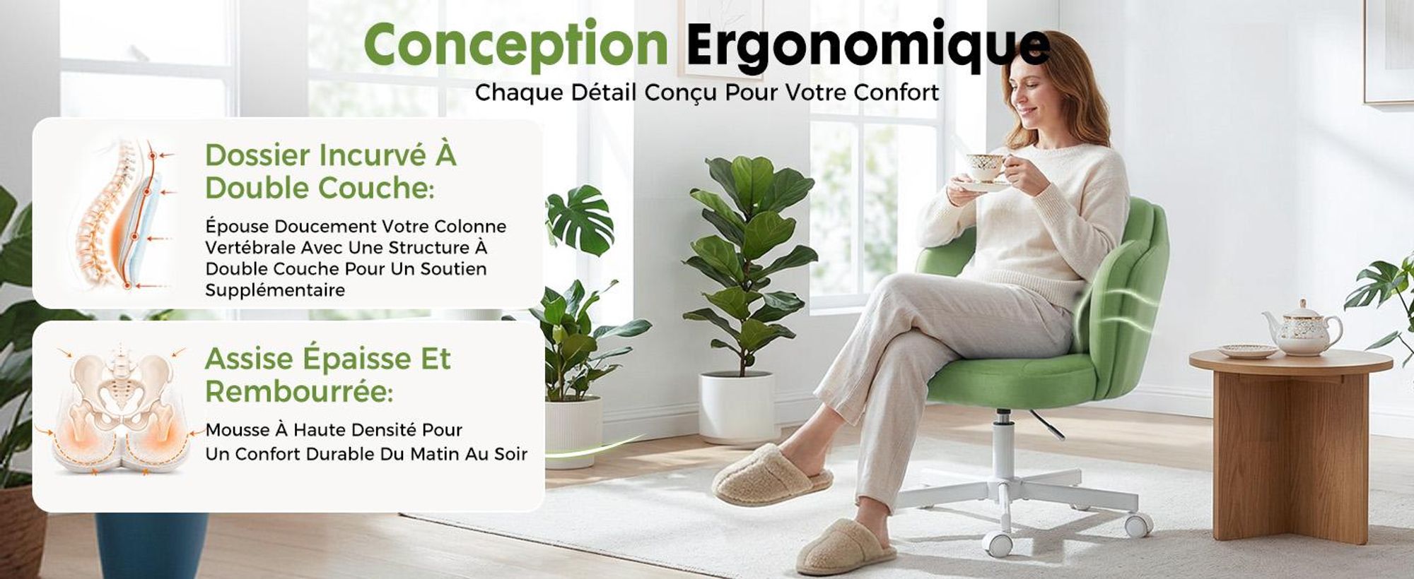 Chaise de bureau COMHOMA, chaise de maquillage, chaise de bureau à roulettes avec double dossier et coussin en forme de nuage, chaise pivotante réglable en hauteur, velours, vert