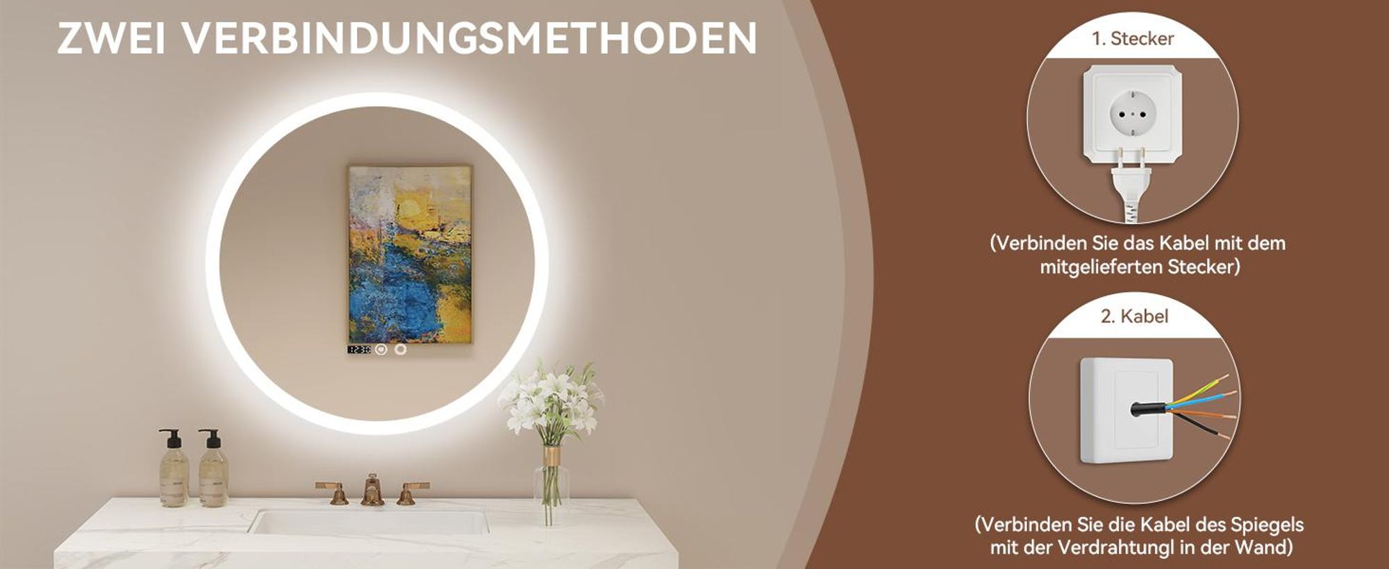 Puluomis Badspiegel beschlagfrei 70cm mit Uhr Temperatur, 3 Farbe dimmbare Helligkeit LED Beleuchtung,Badezimmerspiegel 6500k spritzwassergeschützt