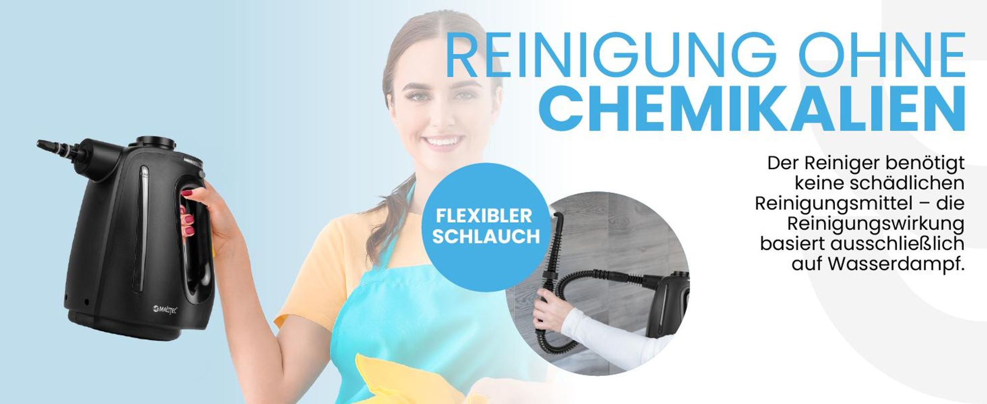MalTec Dampfreiniger Hochdruckreiniger 1350W Handgerät für Fenster Polstermöbel Fuge 3 bar
