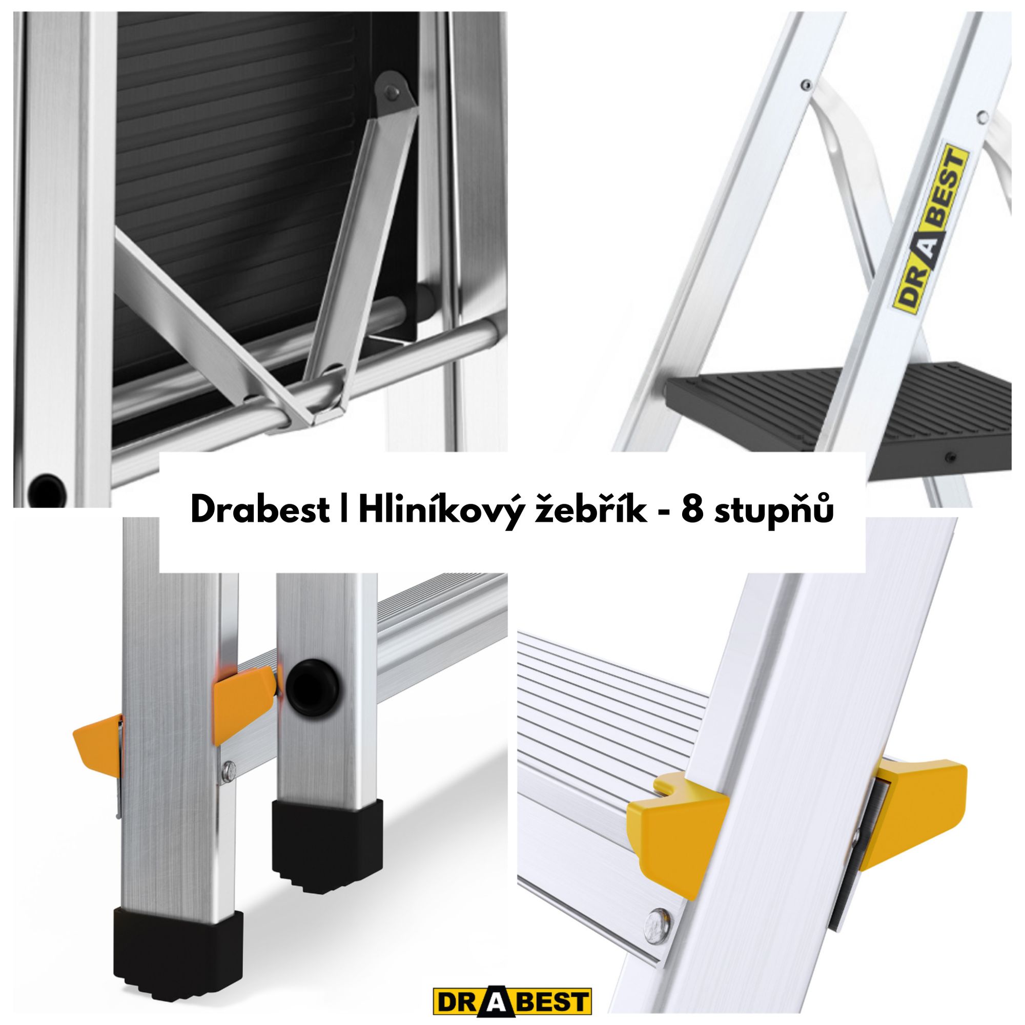 Drabest - Hliníkový žebřík, 8 stupňů, kvalitní žebřík, kvalitní žebřík