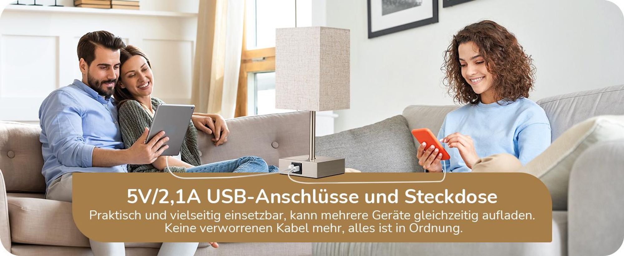 EDISHINE 2er Set Nachttischlampe Touch Dimmbar, Tischlampe mit Ladefunktion,2 USB Anschlüsse