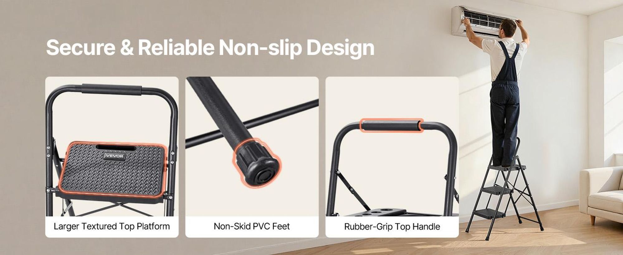 VEVOR 5-Stufen-Leiter, faltbare Trittleiter mit breitem rutschfestem Pedal, Werkzeugablage, doppelseitigen Handläufen, 272 kg Tragfähigkeit, tragbare Stahlleiter, vielseitig einsetzbar für Küche, Zuhause, Haushalt und Büro, Schwarz, 3-Schritte