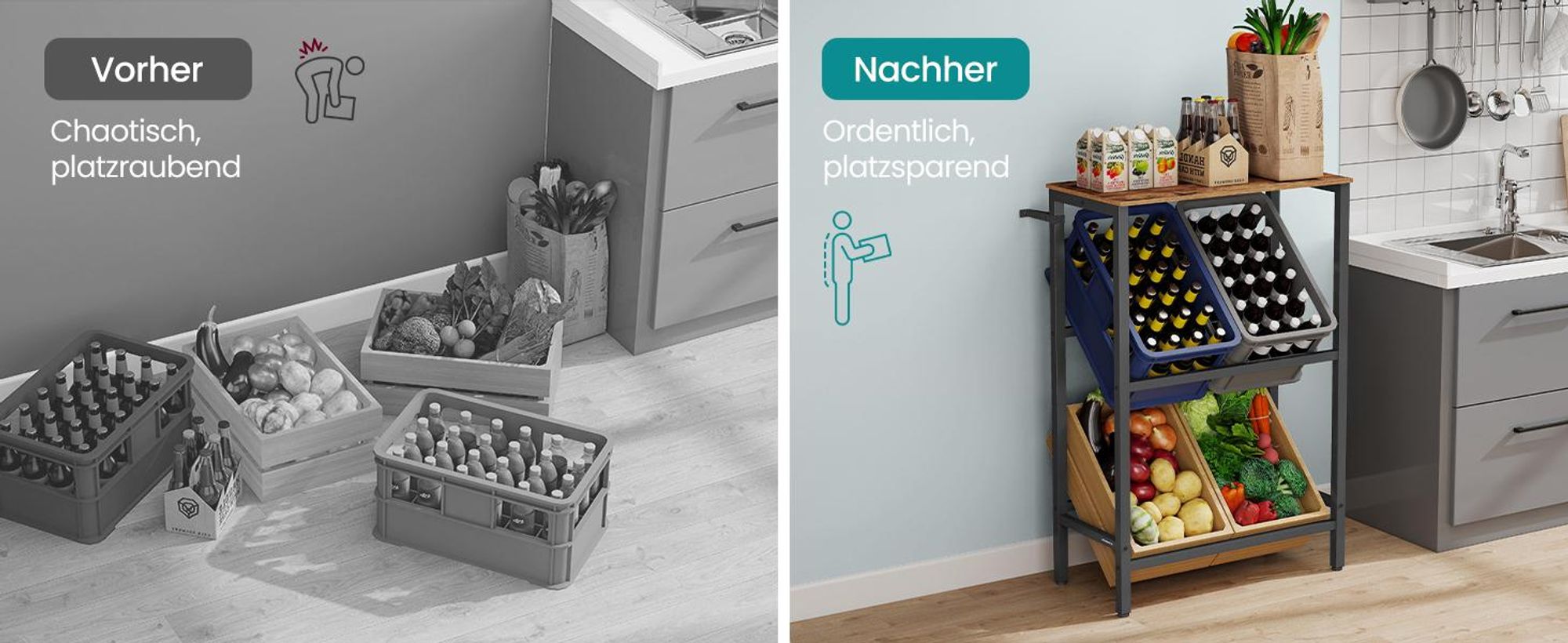 SONGMICS Getränkekistenregal, 2 Ebenen, für 4 Kisten, Aufbewahrungsregal, jede Ebene bis 150 kg belastbar, Stahl, Getränkeregal