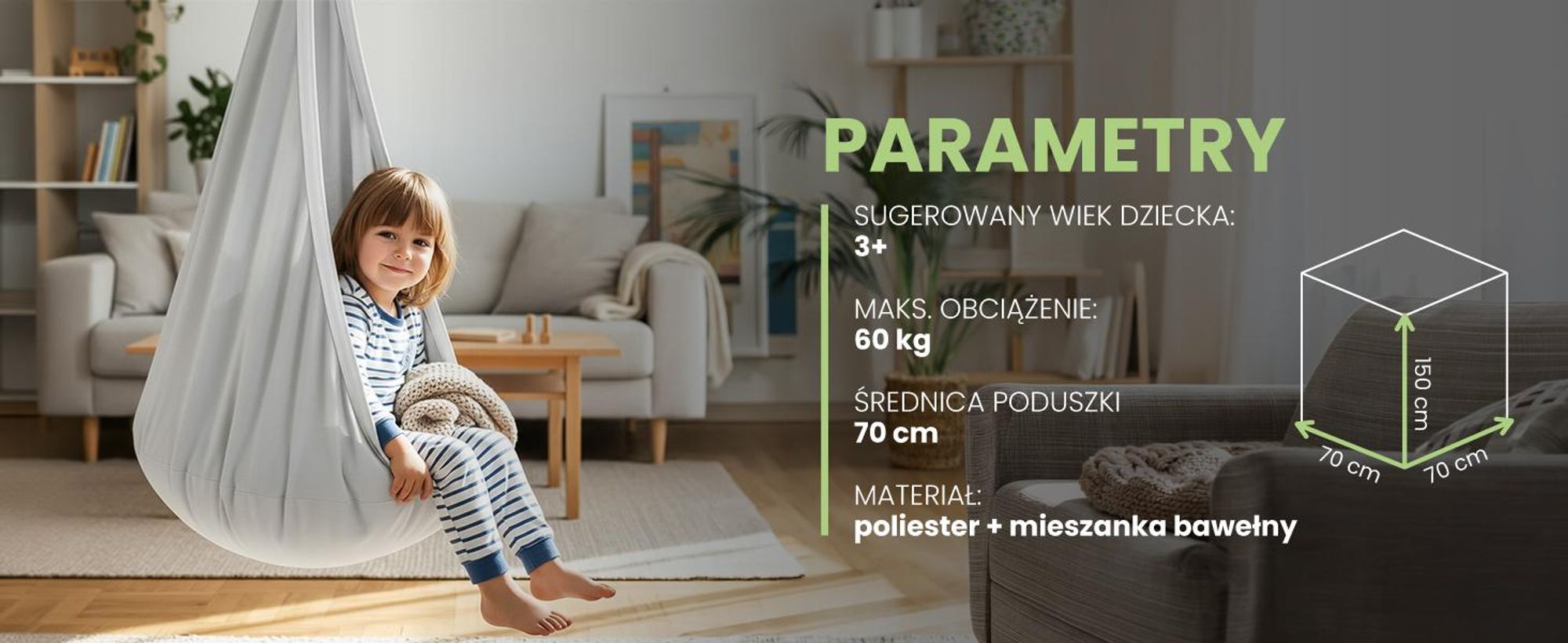 Kokon bujawka dla dzieci z poduszką z bawełny w kolorze szarym