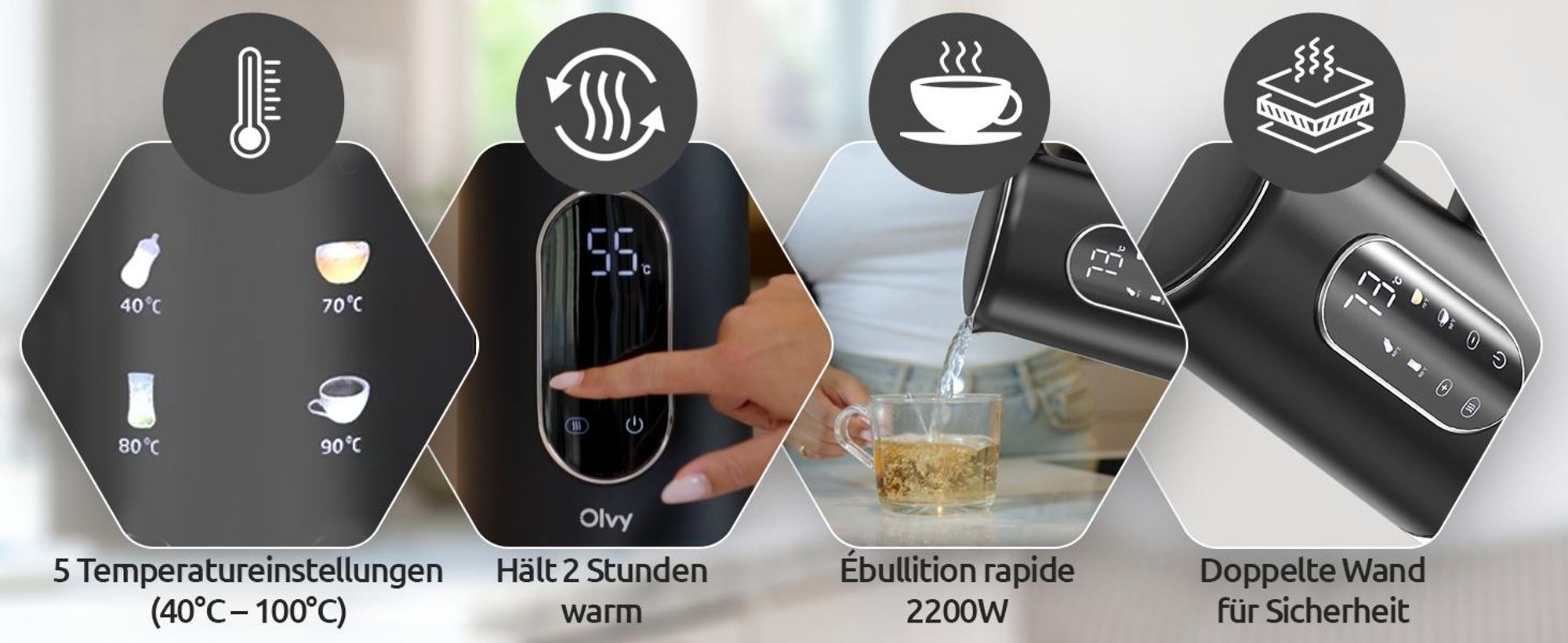 Olvy Wasserkocher mit Temperatureinstellung 1,7L – LCD-Display, 2200W, BPA-frei, Warmhaltefunktion, Kalkfilter, Temperaturwahl 40–100°, Edelstahl