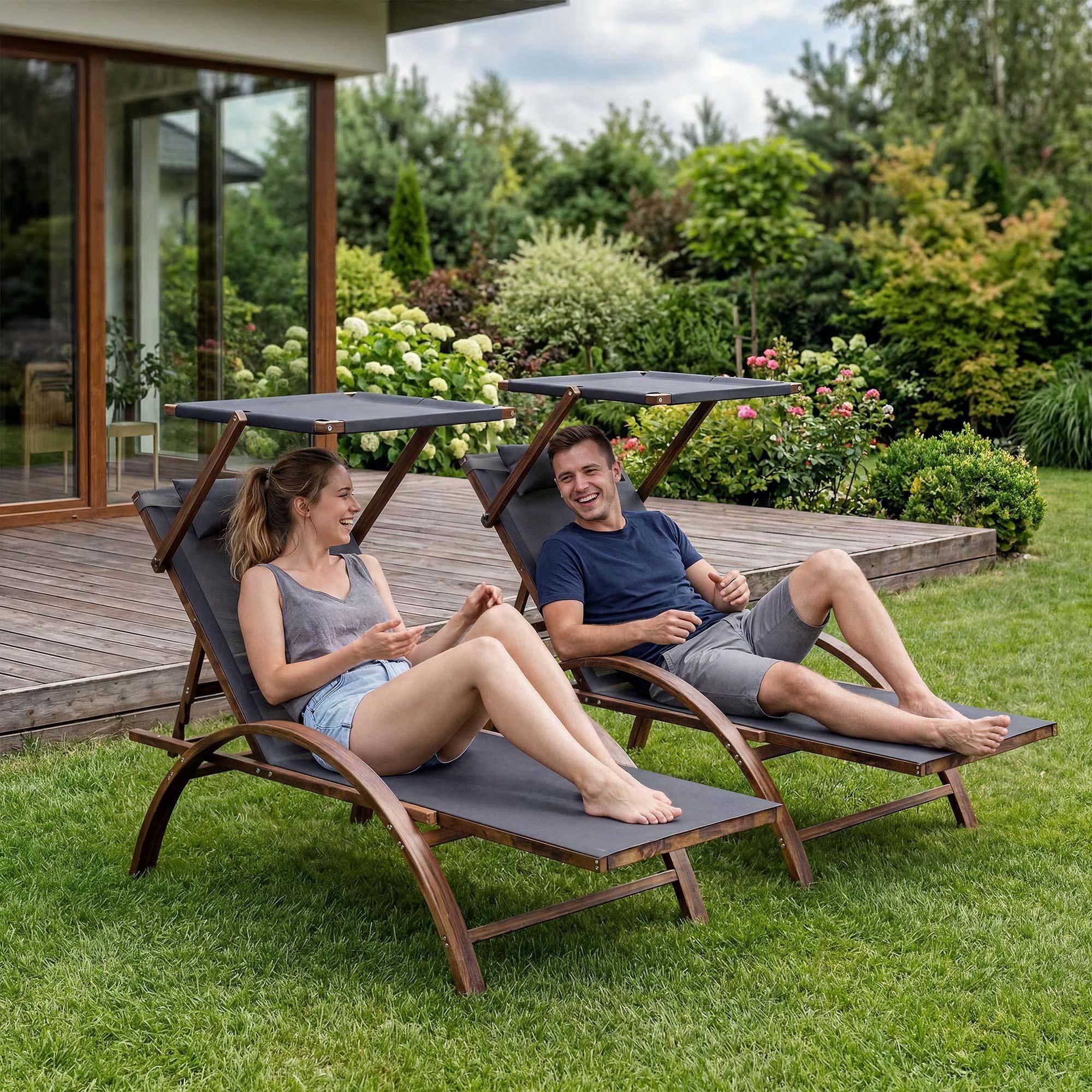 di volio Sonnenliege SPELIO – ergonomische Liege aus Lärchenholz mit Sonnendach und Kissen, wetterfester Liegestuhl für Garten (Grau)