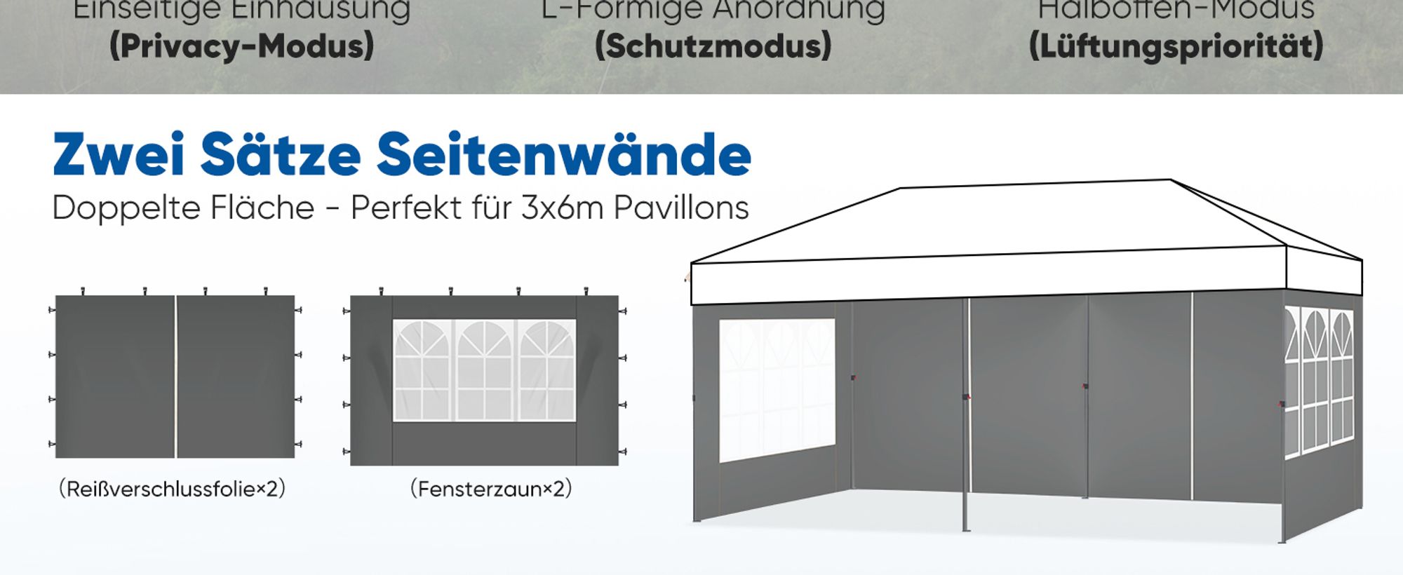 Sekey 2 Seitenteile für 3x3 /3x6m/3x9m pavillon mit Reißverschluss und Fenster, Grau