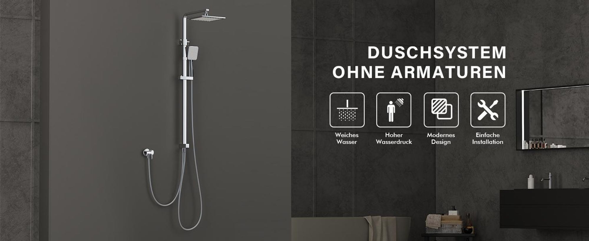 Homelody Duschsystem ohne Armatur Regendusche Duschset ohne Thermostat mit Kopfbrause Handbrause Umsteller eckig Duschsäule für Badezimmer, chrom