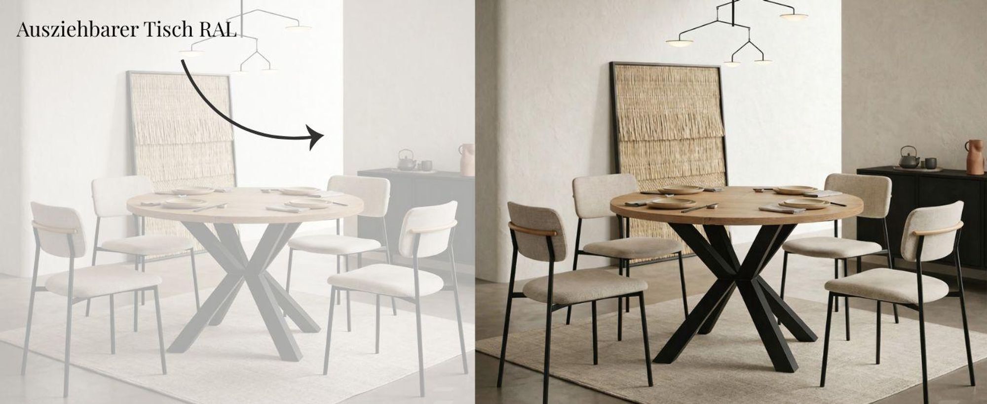 Runder Ausziehbarer Tisch für Esszimmer RAL mit Holzbeinen, Loft-Stil, Industriel, Durchmesser: 100 / 200 cm, Farbe: Weiß