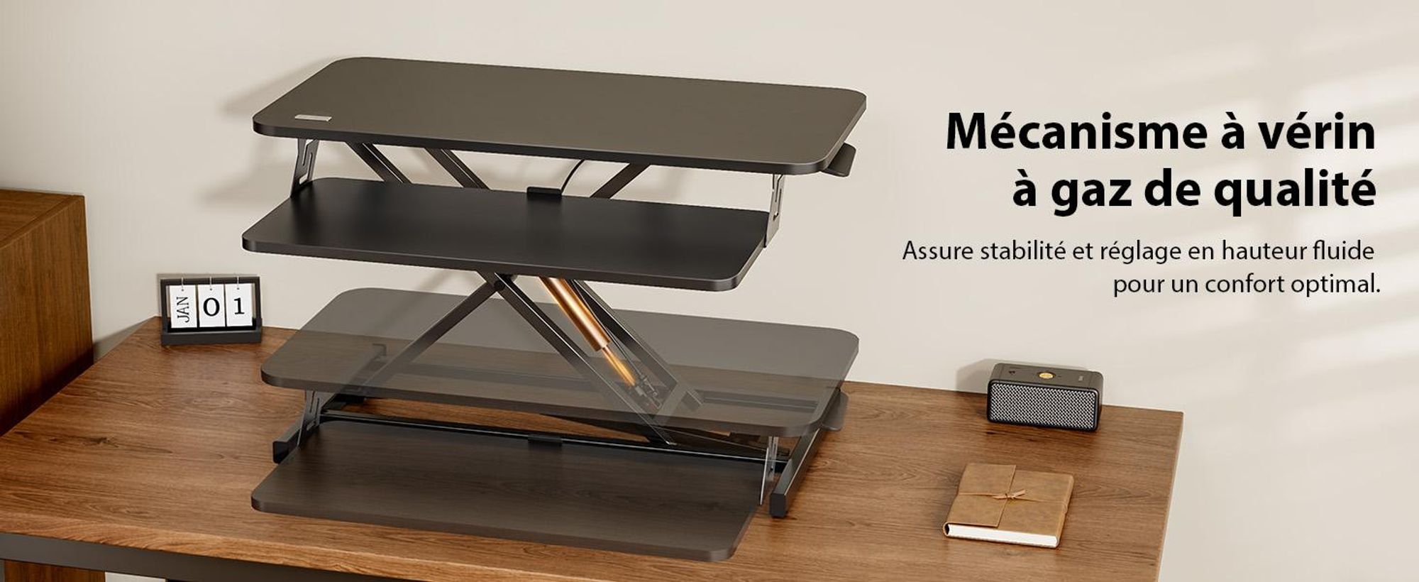 SENSE7 Desktop - Convertisseur noir, rehausse de bureau ergonomique, réglable en hauteur, poste de travail assis-debout, 81 x 40 cm, pupitre de bureau, support d'écran, PC