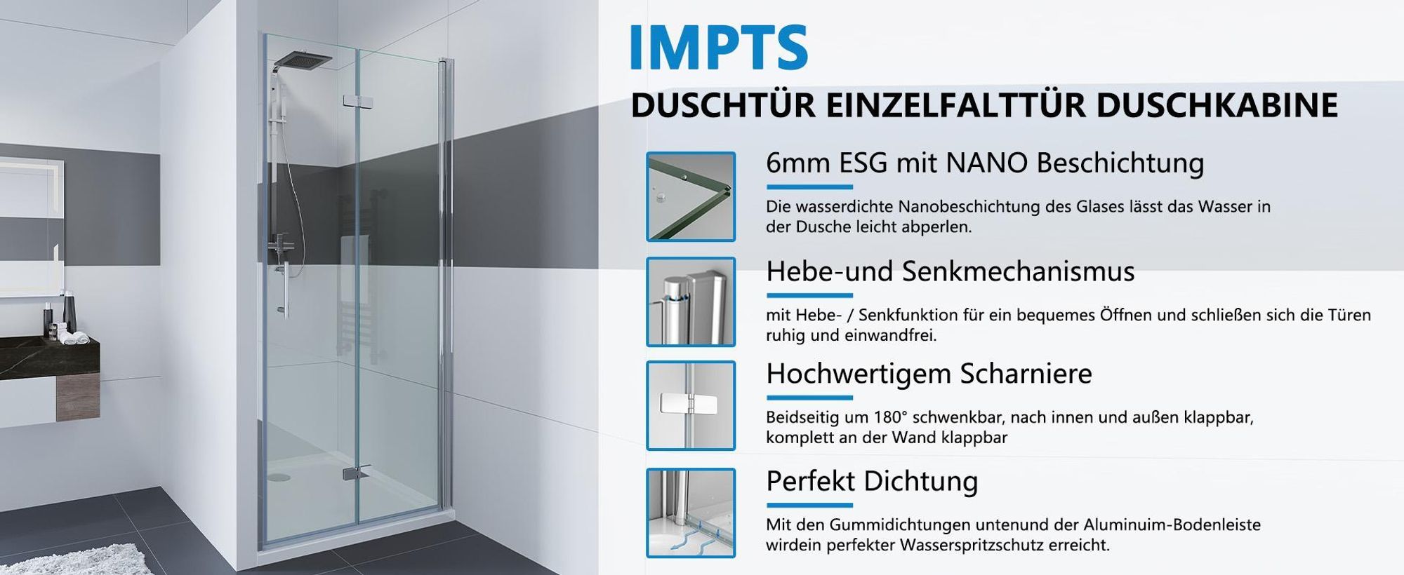 IMPTS Duschtür 100cm Falttür Rahmenlos Duschabtrennung Nische Duschkabine Sicherheitsglas mit Nanobeschichtung Nischentür Dusche Höhe 195cm
