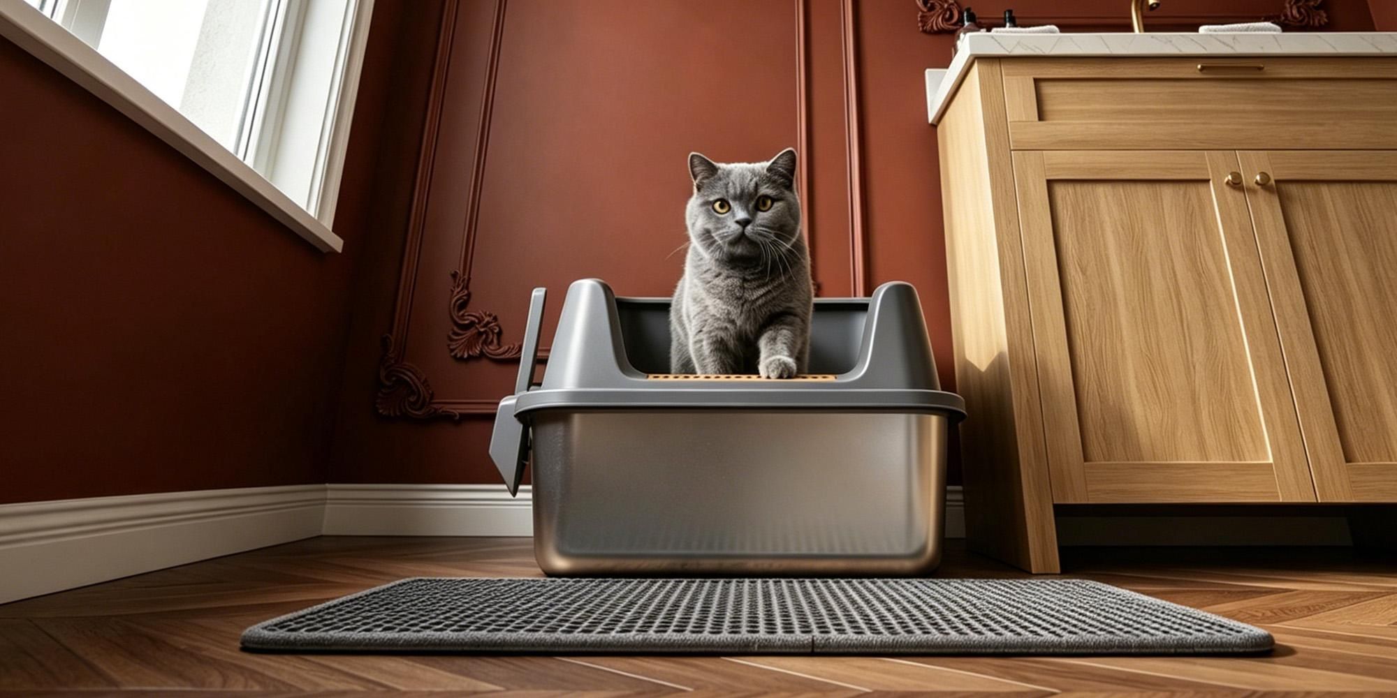 Katzenklo Edelstahl XXL, 60 × 40 × 26 cm, Katzenklo mit Hoher Rand, mit XL-Matte, Schaufel, Leicht zu Reinigen, Katzentoilette Antihaftbeschichtet