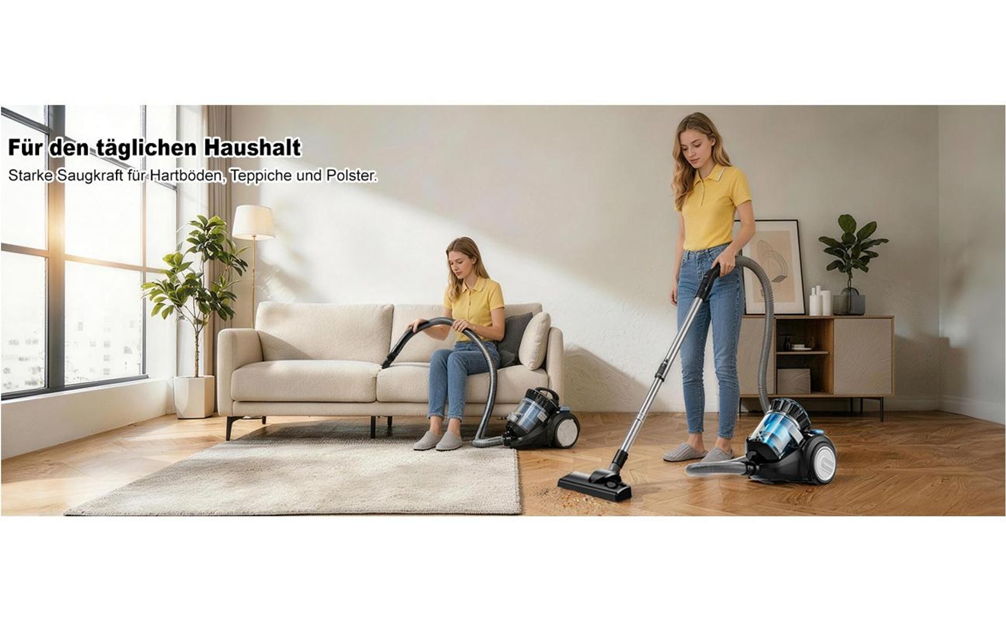 Bodenstaubsauger staubsauger beutellos, Hygiene-Filter, hohe Saugkraft kompakt für Hartboden/Teppich, Turbodüse, Polsterdüse, 6m langes Kabel