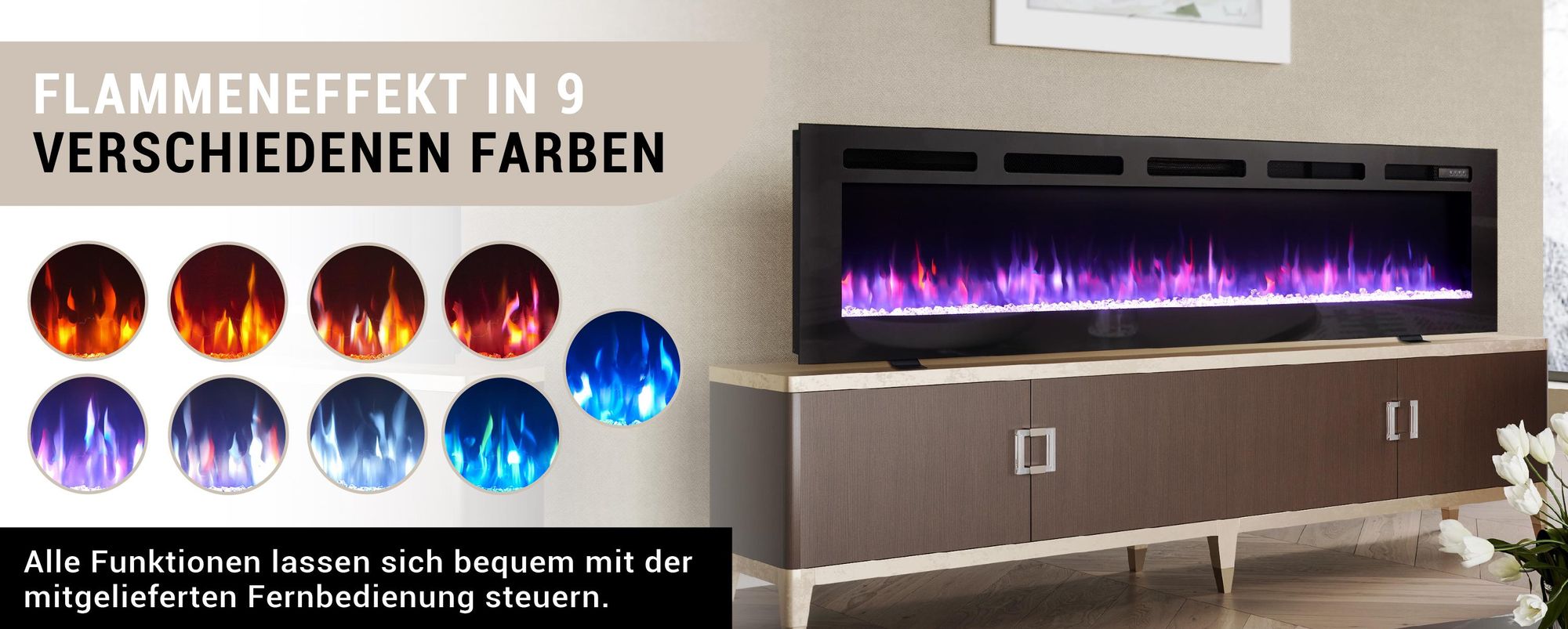 BALDERIA Elektrokamin Leif 70" | 3in1 Standkamin/Wandkamin/Einbaukamin, 3D-Flammeneffekt, Heizung 1800W, Timer, Thermostat, Startsteuerung | Schwarz