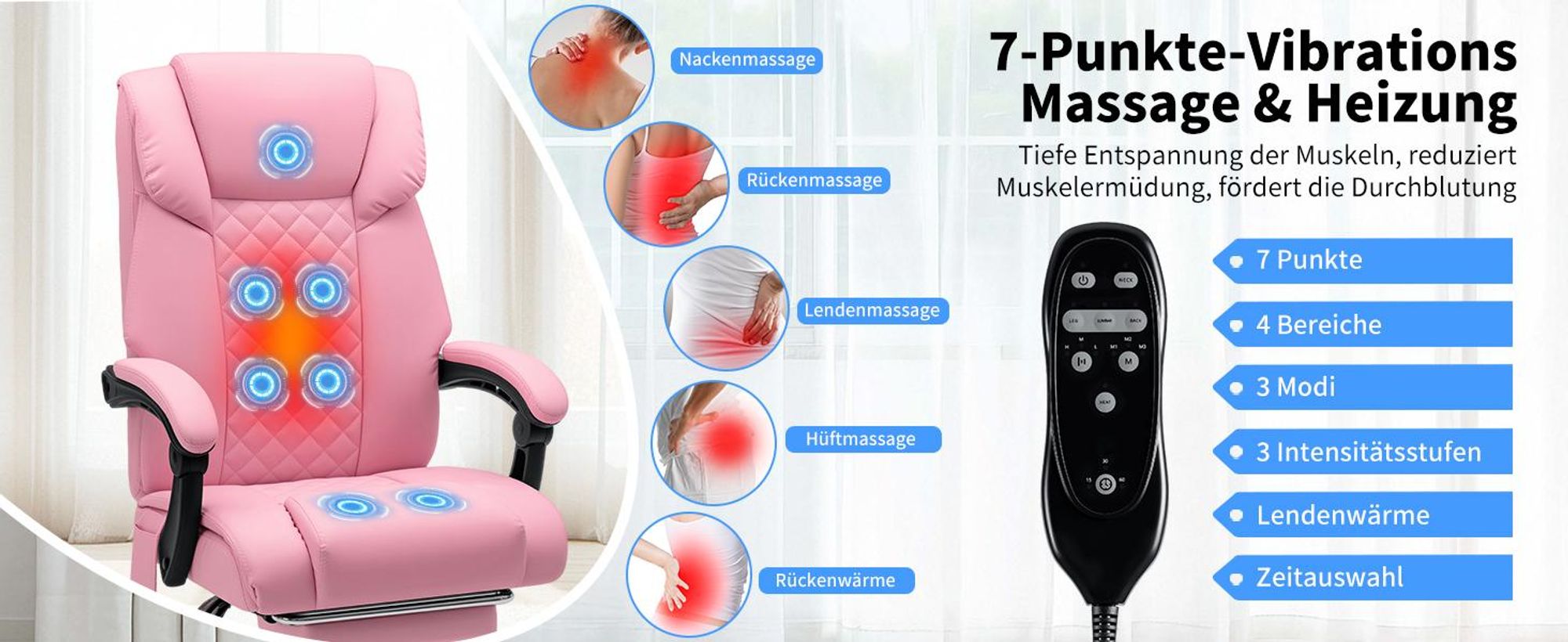HOFFREE Massage-Bürostuhl mit Wärme & 7 Vibrationspunkten, 180° neigbar, Fußstütze, 200 kg Tragkraft, Chefsessel für große Personen, Pink