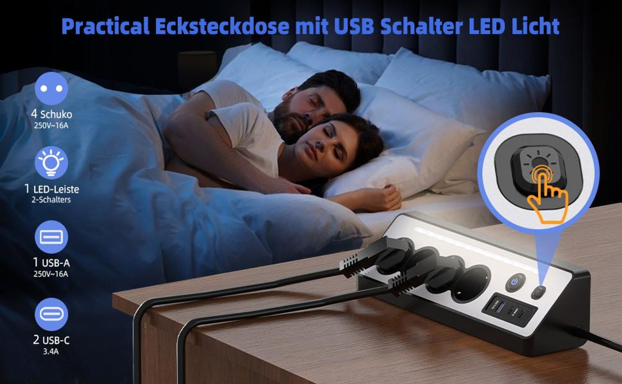 Steckdosenleiste, Steckerleiste, Tischsteckdose, 4 Fach Mehrfachsteckdose, Mehrfachstecker, 16A 3680W Ecksteckdose mit 2 Schalter, für Küche, Büro