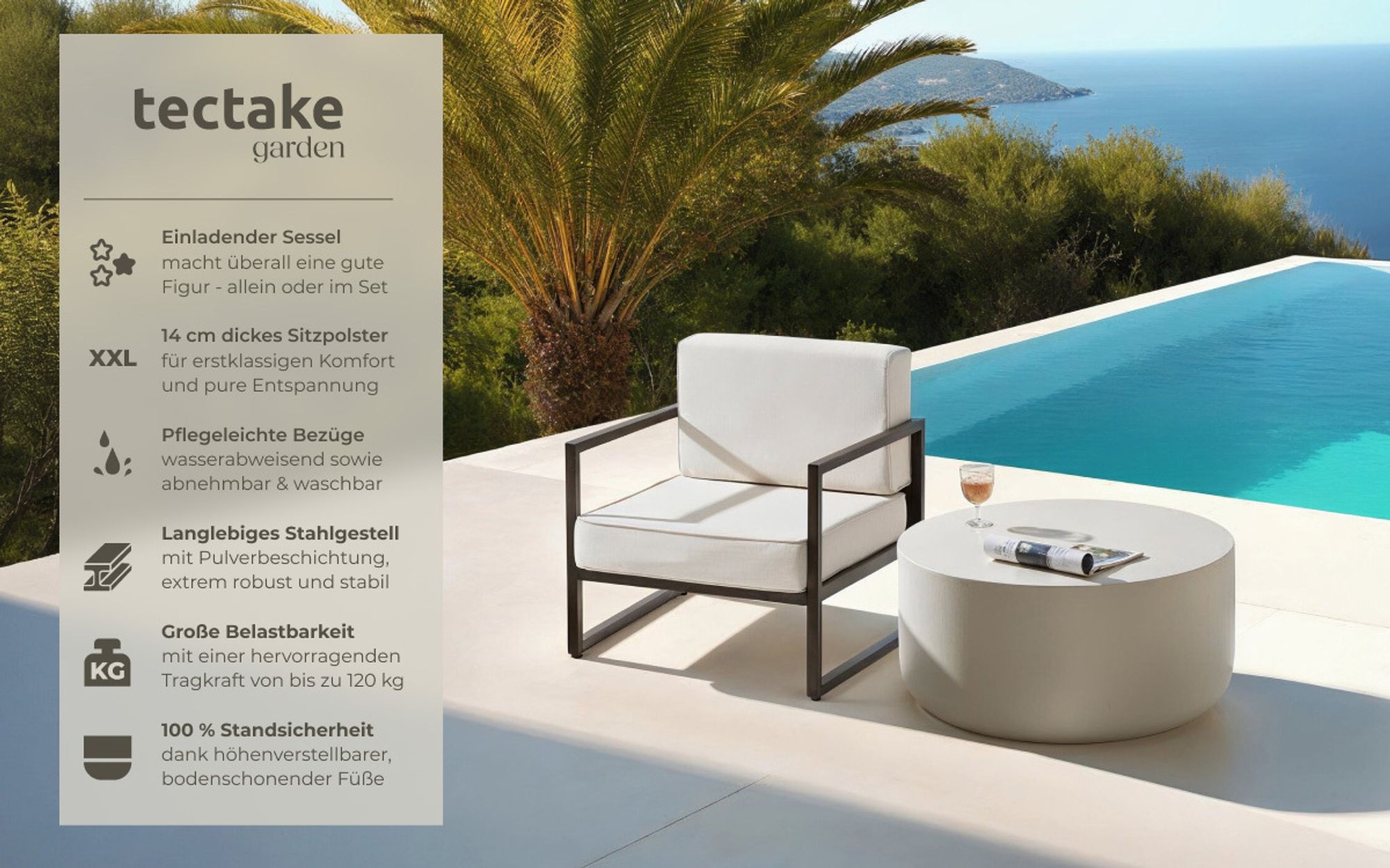 tectake® Garten-Loungesessel Comosa, XXL-Polsterung