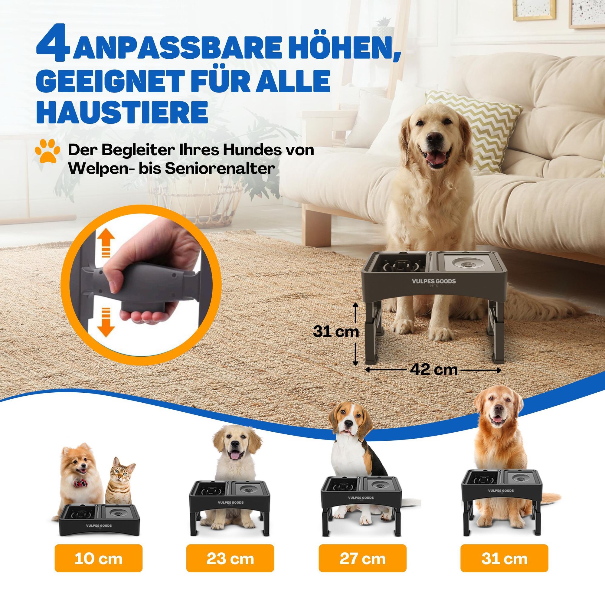 Hundenapf erhöht mit 4 einstellbare Stufen | rutschfest & stabil Antischlingnapf Hunde | abnehmbar und faltbar - Futterstation Hund