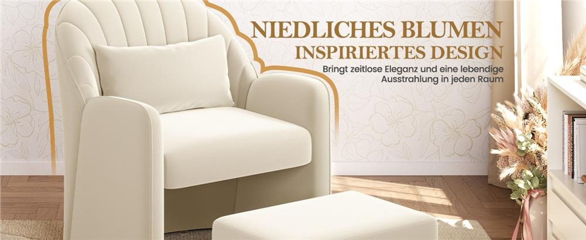 Yaheetech Sessel mit Hocker & Stauraum, bequemer Ohrensessel mit Rückenkissen, Relaxsessel aus Samt, Lounge Sessel für Büro/Schlafzimmer, Beige
