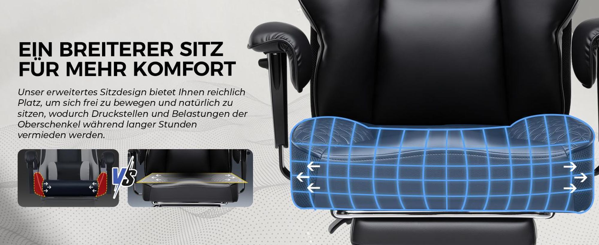 GTPLAYER Gaming Stuhl, breiter Bürostuhl mit Taschenfeder, Ergonomischer PC-Stuhl, Verstellbarer und Drehbarer Schreibtischstuhl, Kunstleder, Schwartz